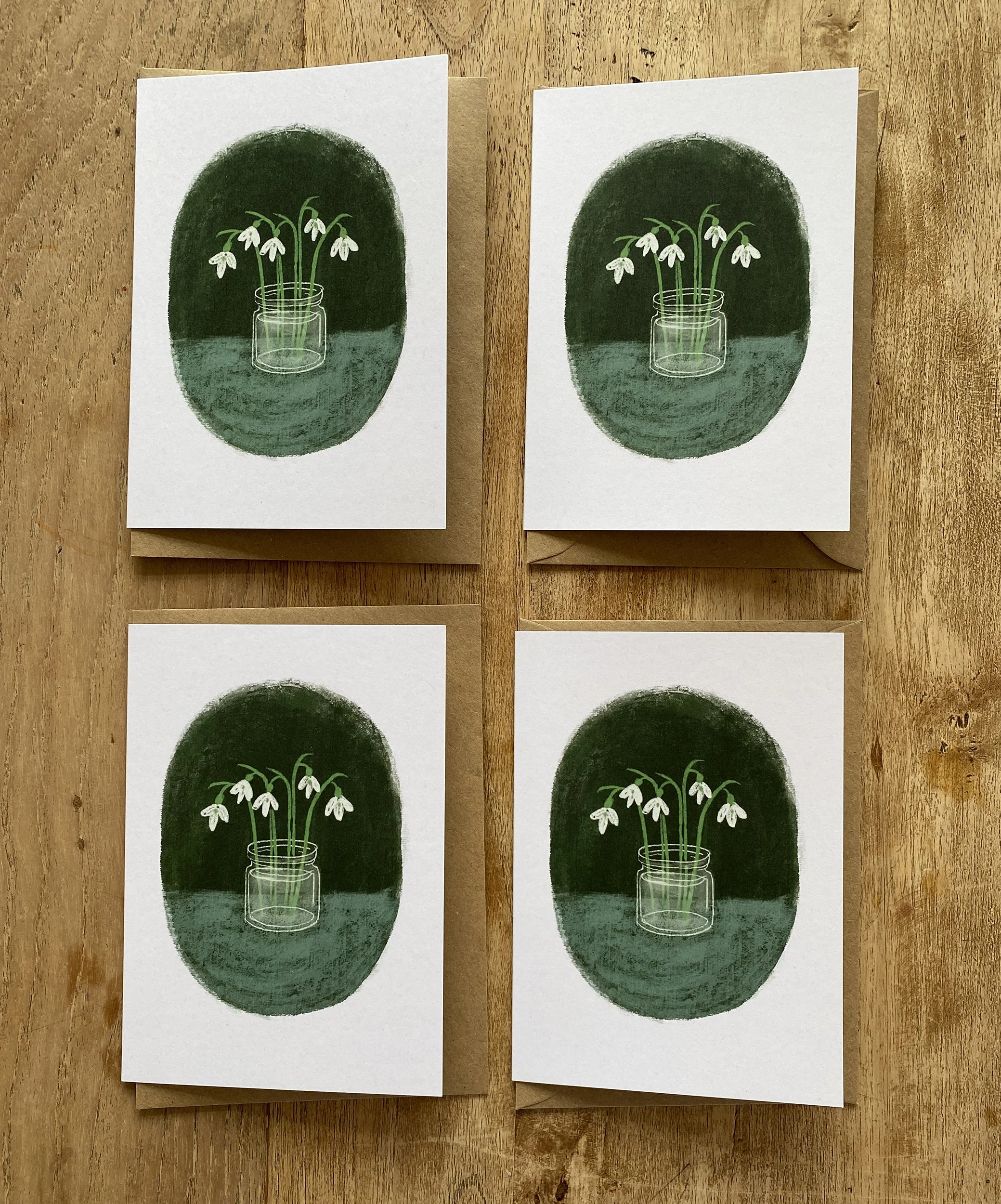 snowdrops in jam jar greetings cards
