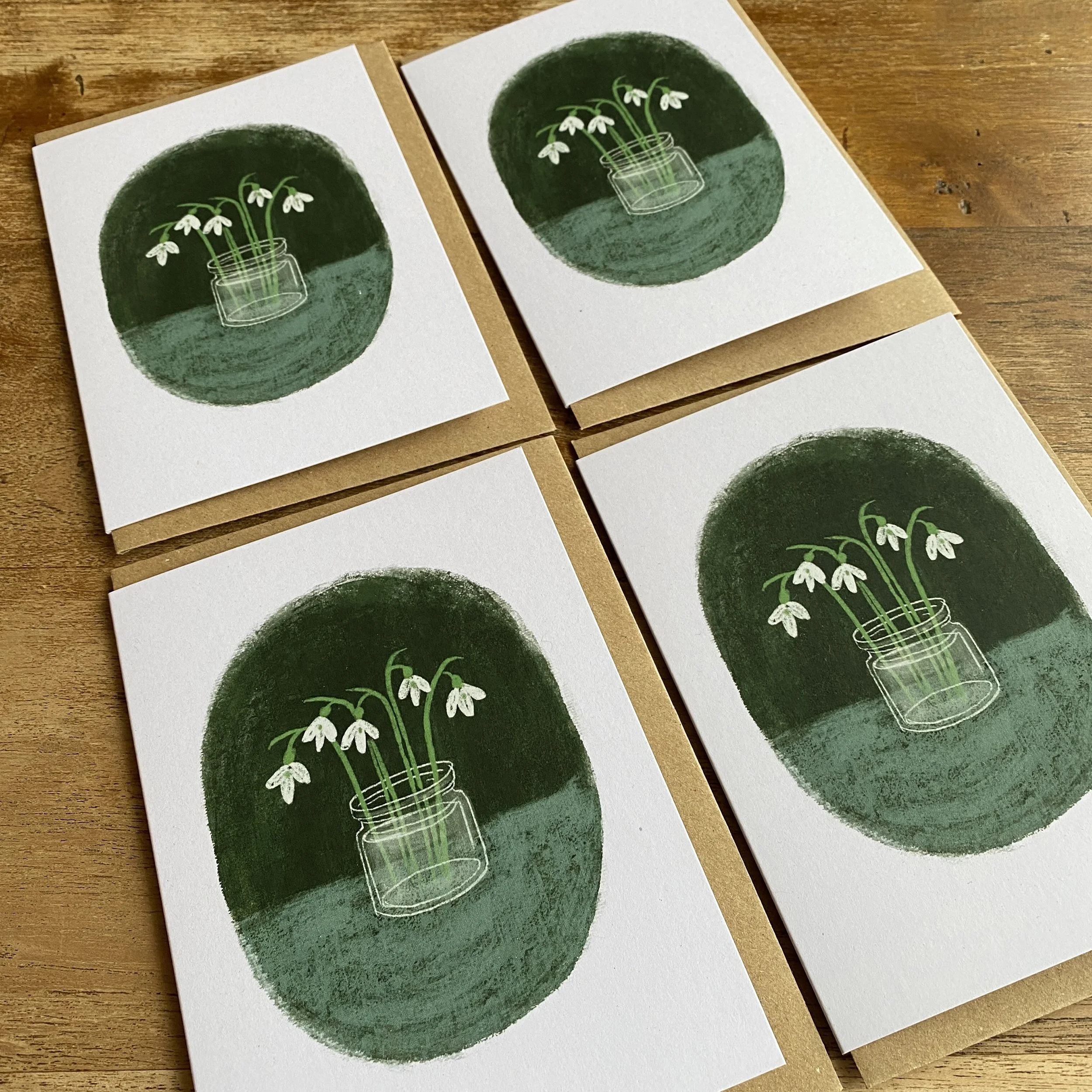 snowdrops in jam jar greetings cards