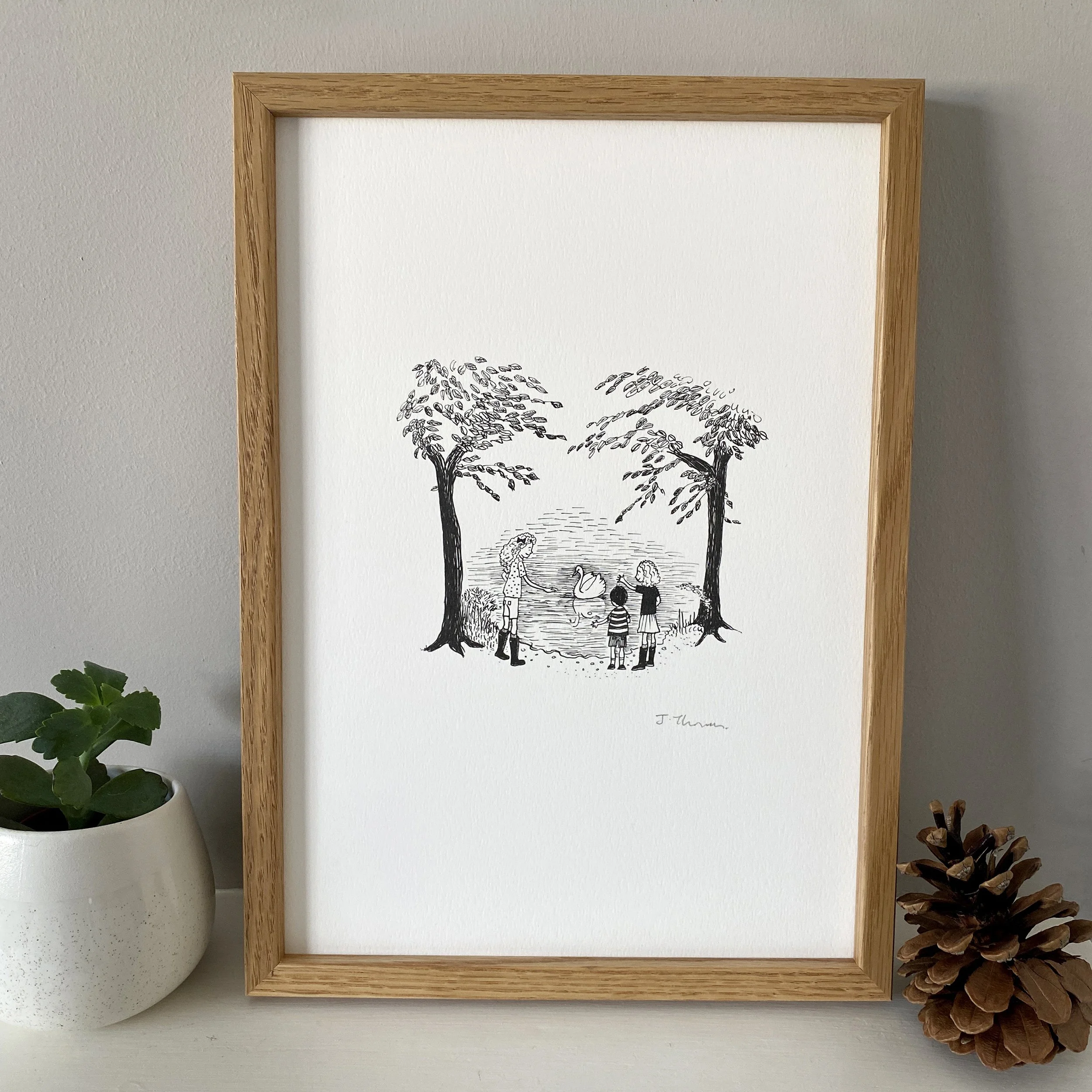 black and white drawing of children feeding swans