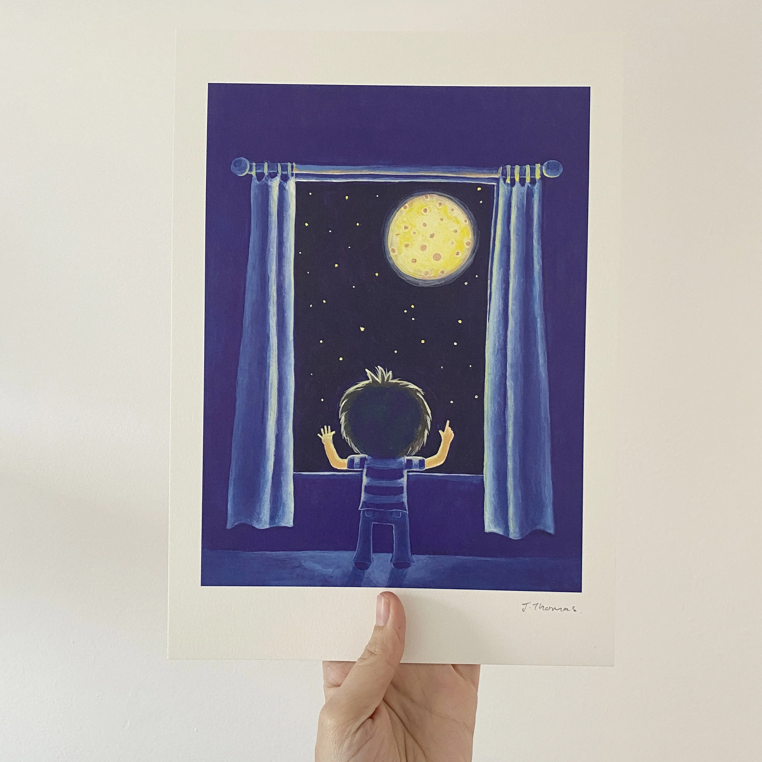 Boy looking at the moon, nursery print