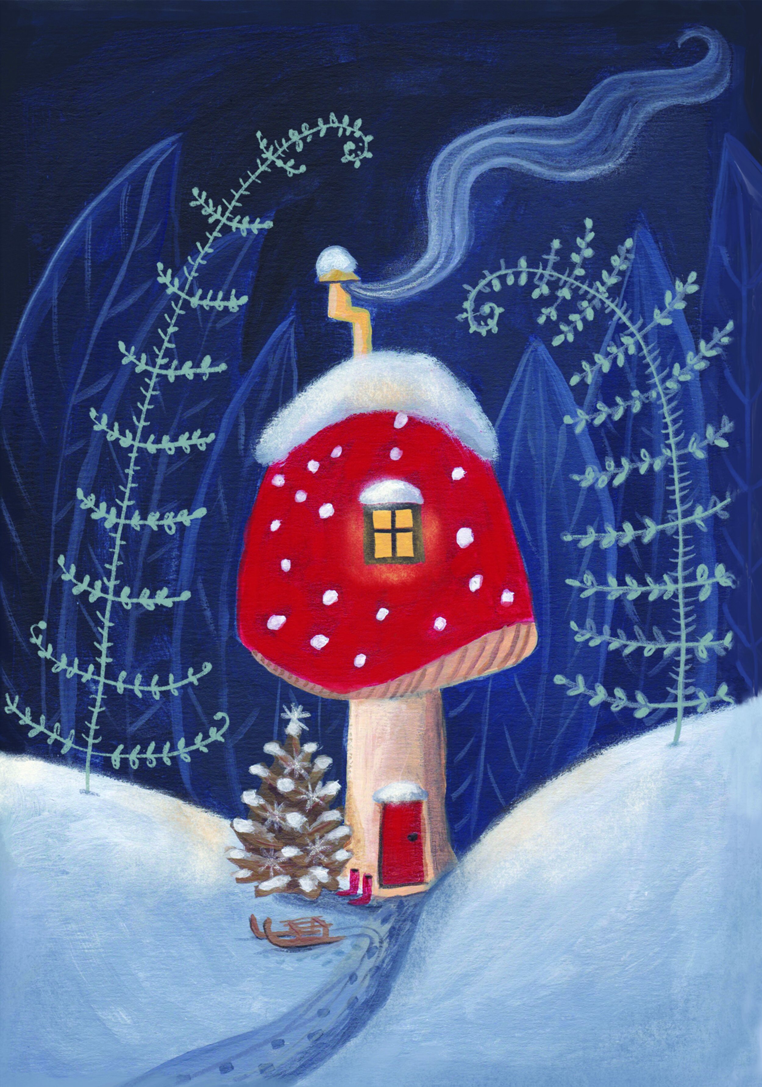 Toadstool home in snowy scene greetings card
