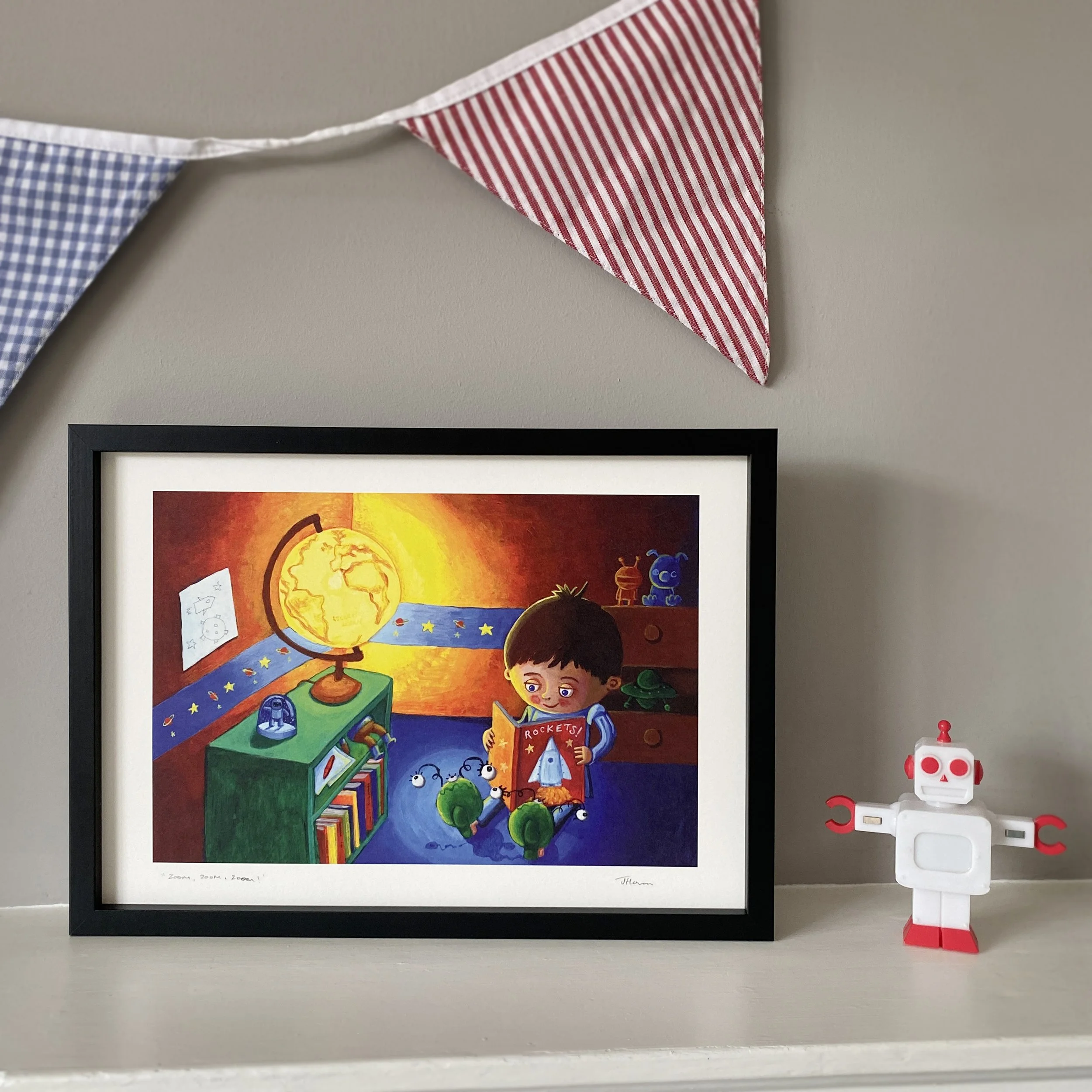Boy reading books nursery print