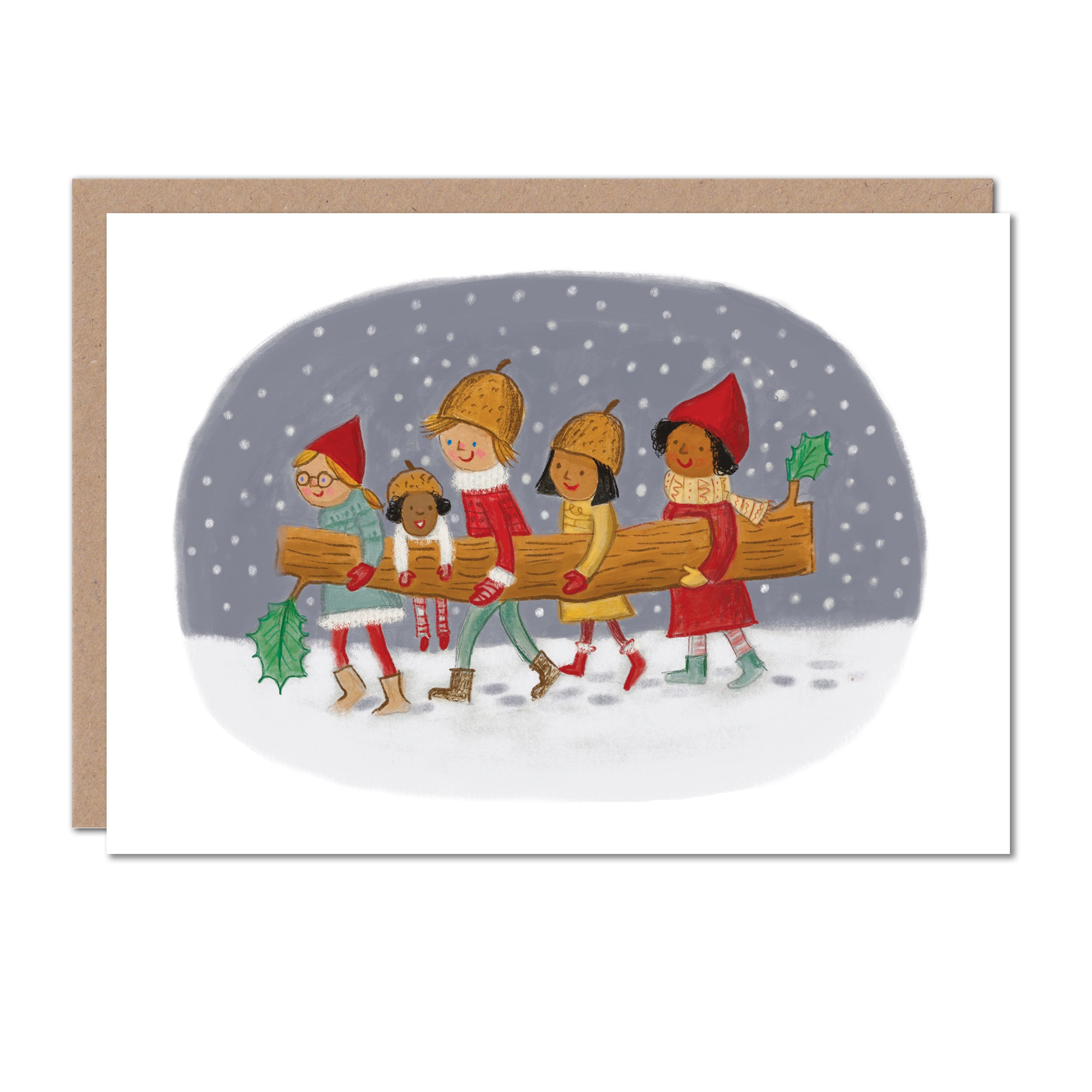 Elves carrying yule log A6 greetings card