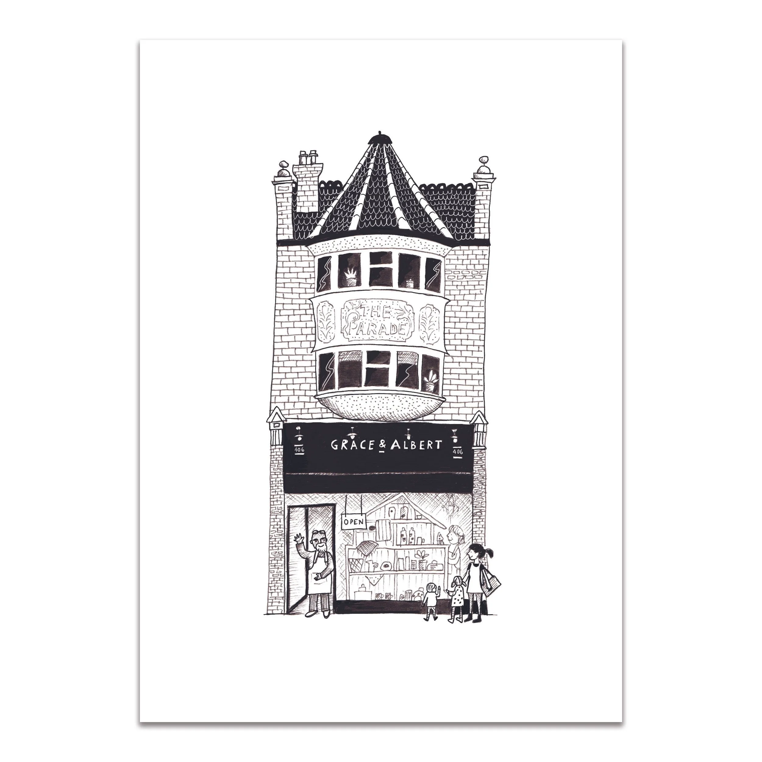 Grace and Albert illustrated East London shopfront