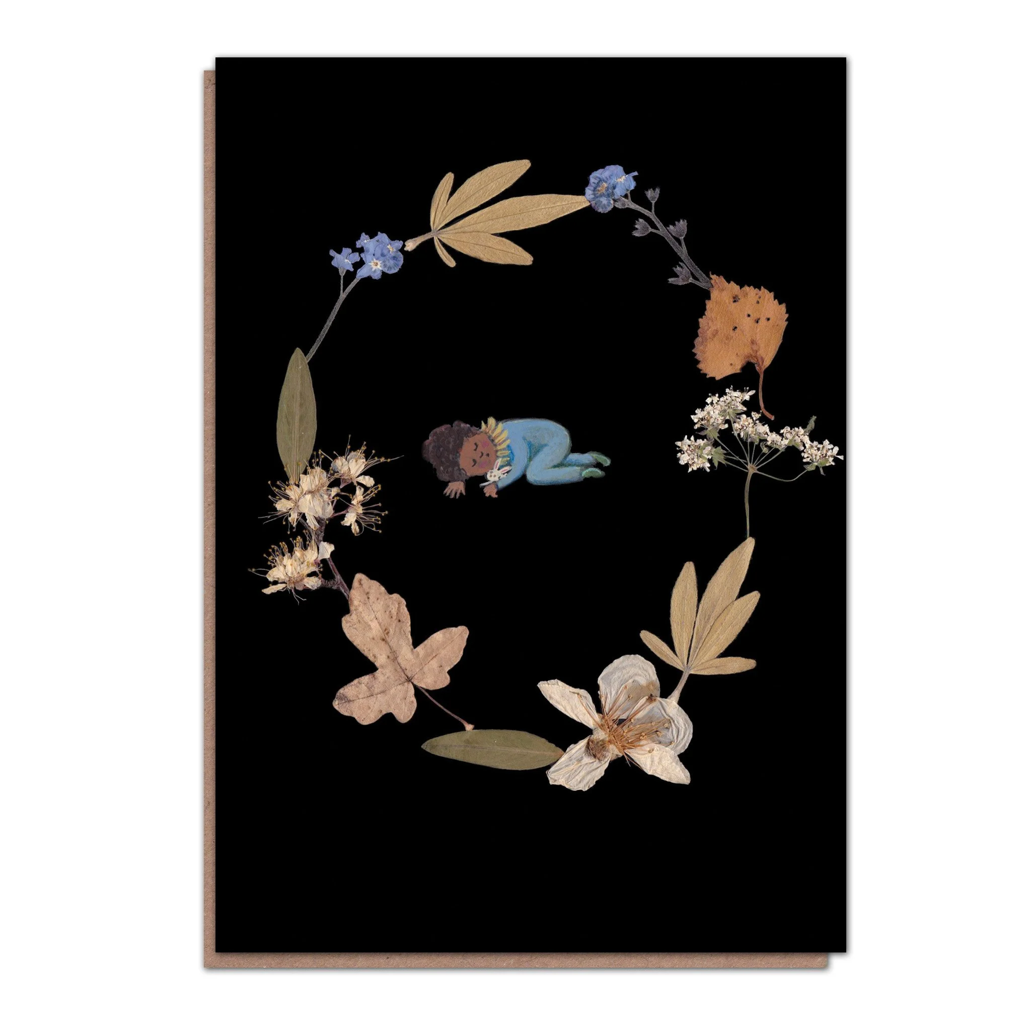 New baby card in blue with pressed flowers. A6 card