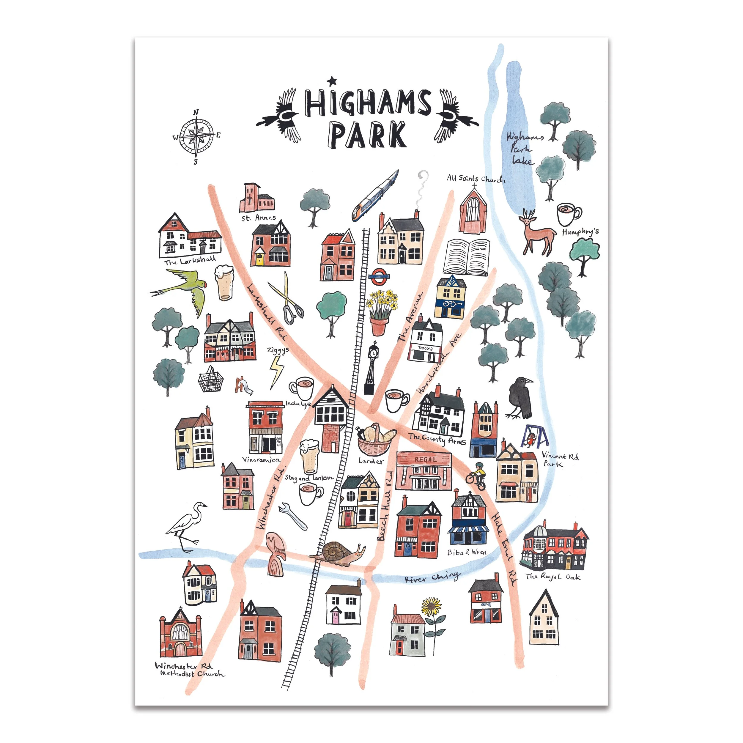 Illustrated map of Highams Park, East London