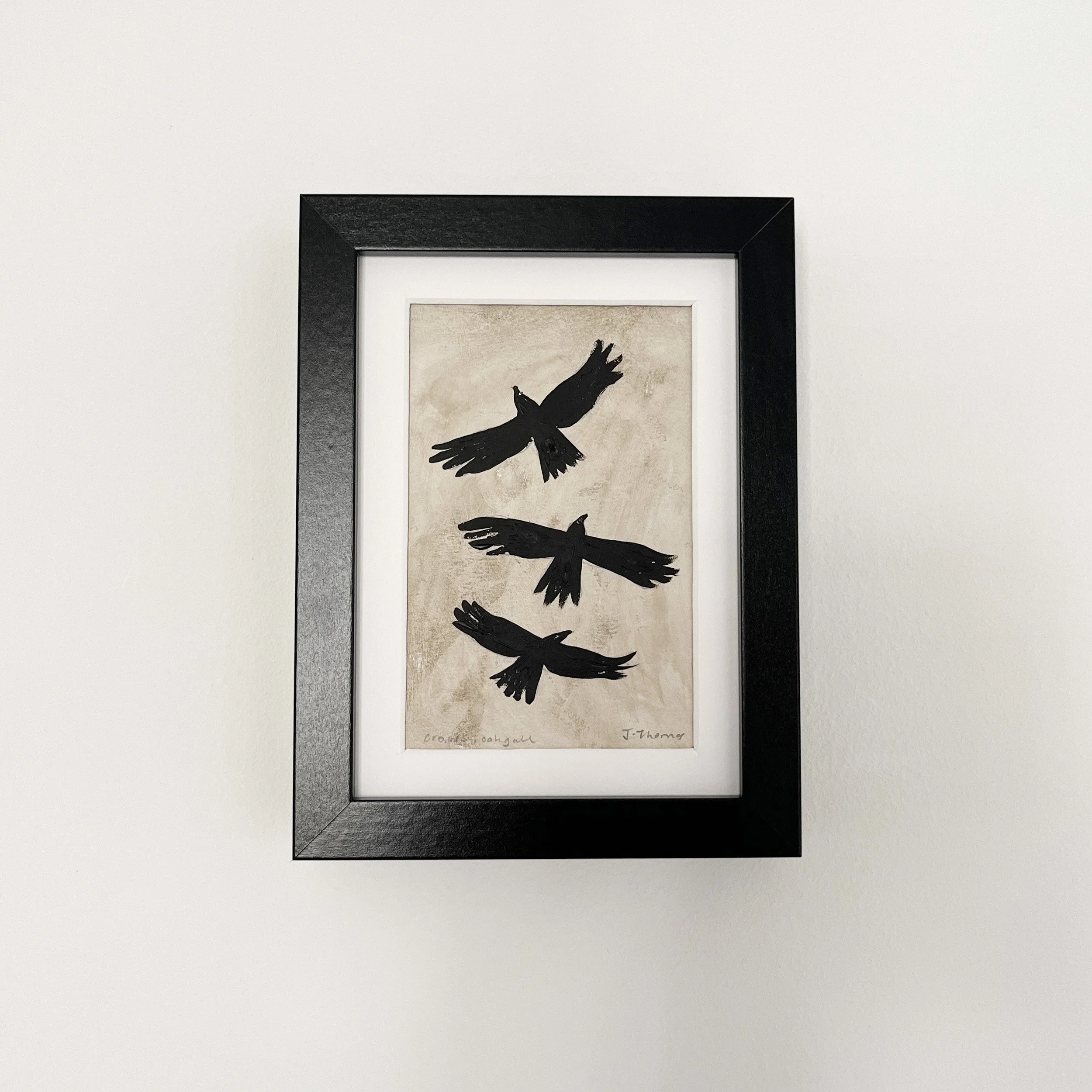 Three crows in flight original artwork. Painted in acrylic and natural ink