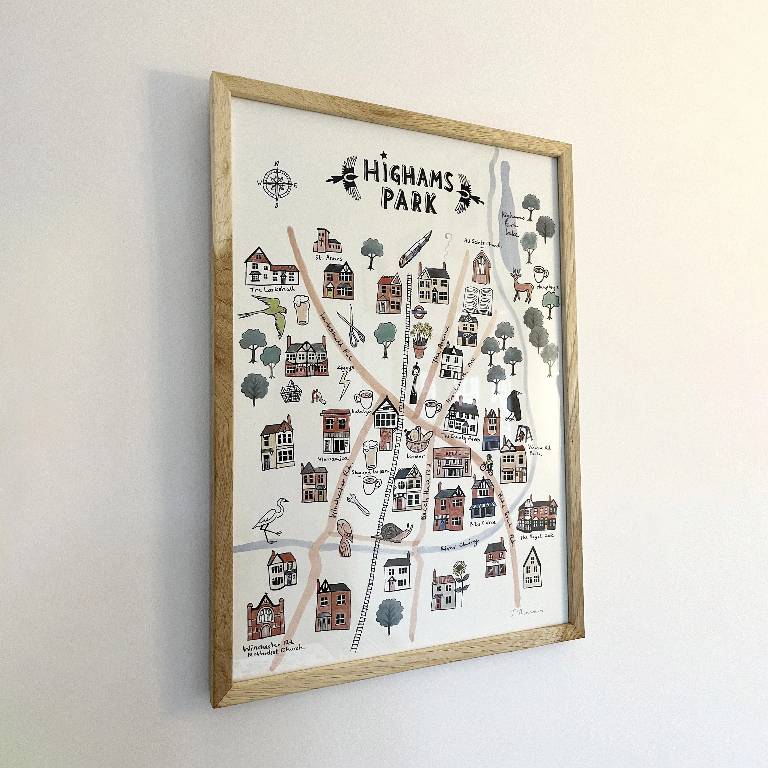 FRAMED A3 Highams Park map- Framed in a black wooden frame