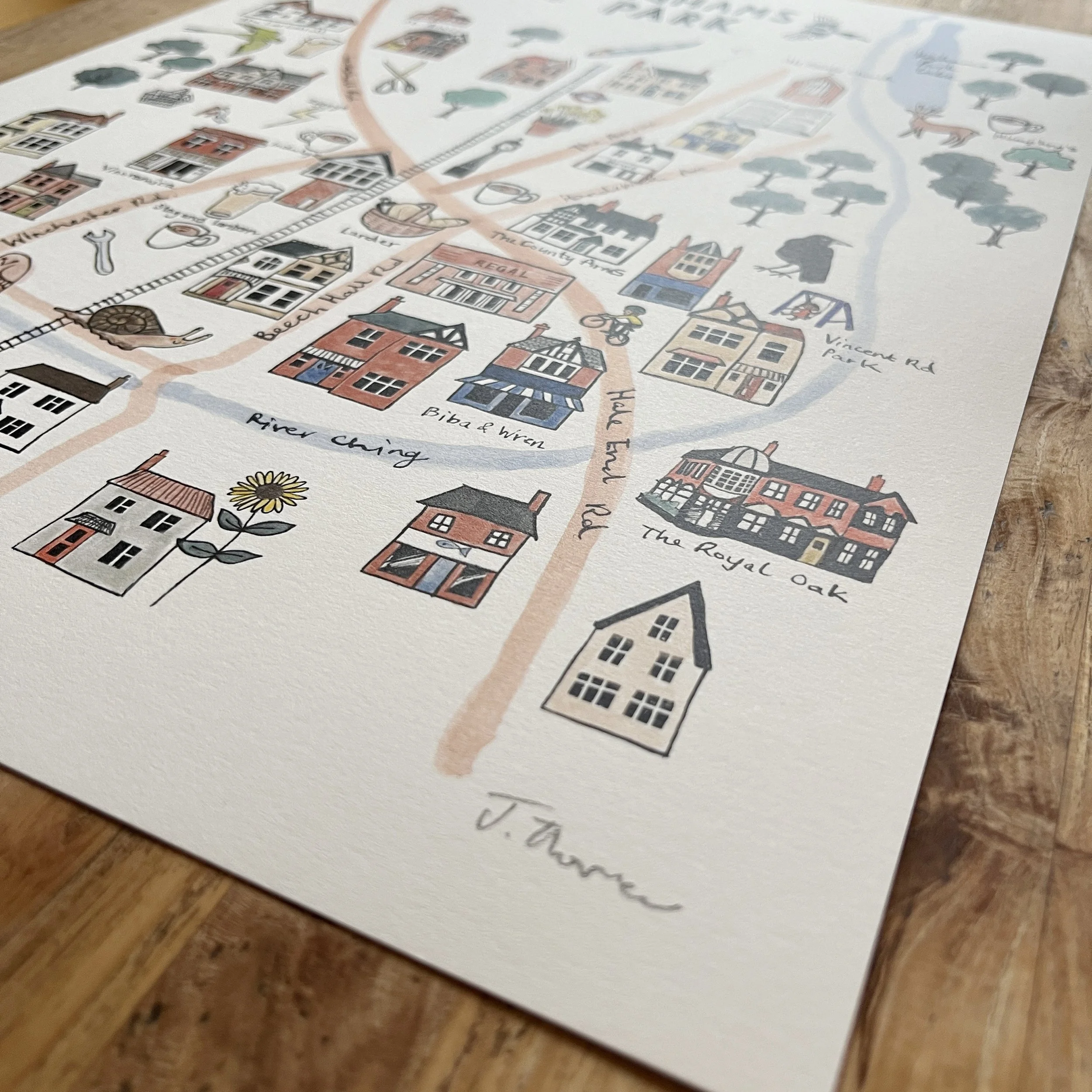 detail of illustrated Highams Park map, East London