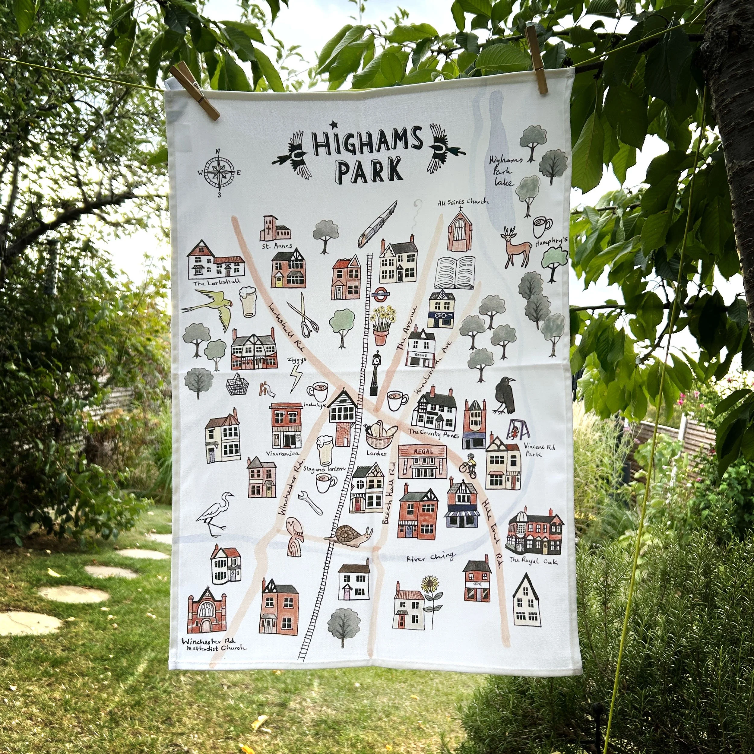 Highams Park illustrated map tea towel
