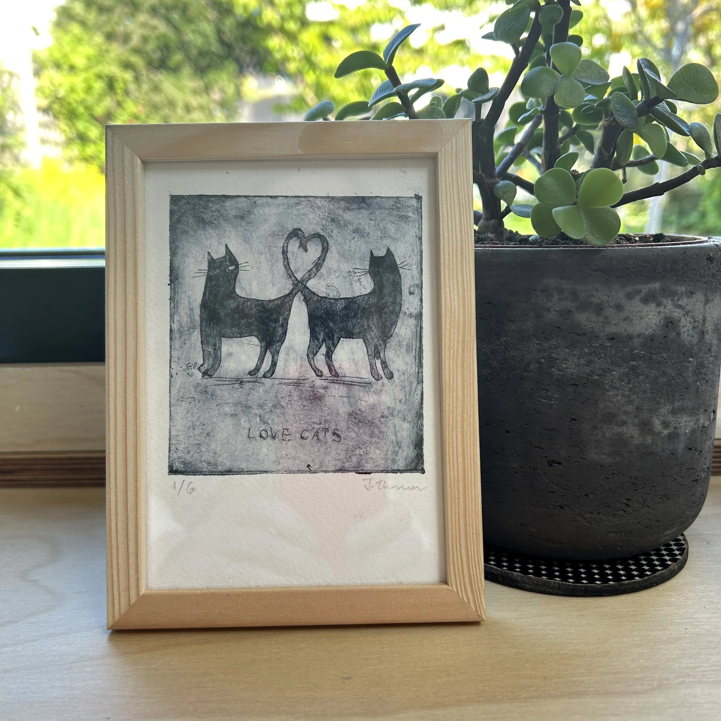 Love Cats, dry point etching, framed