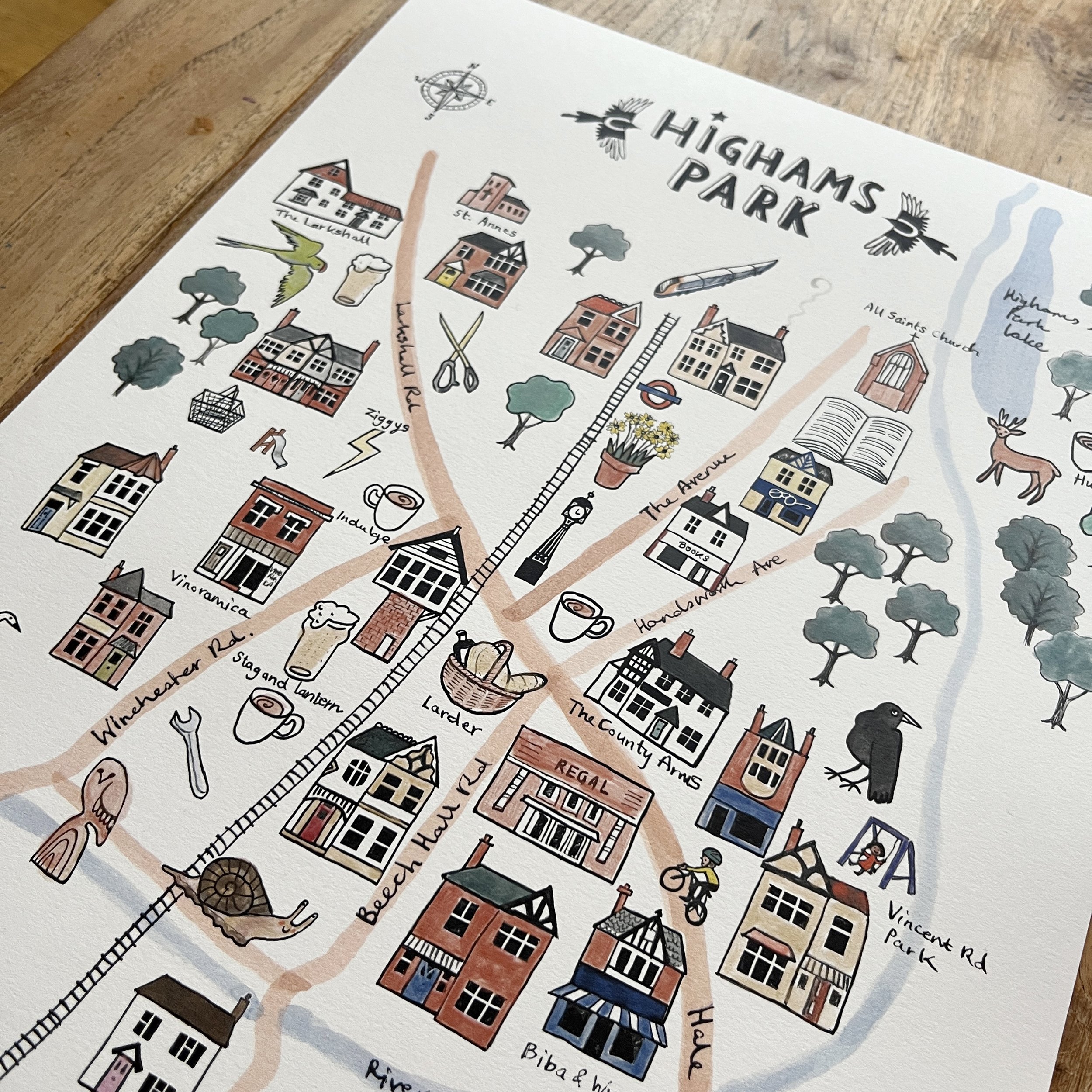 detail of illustrated Highams Park map, east London