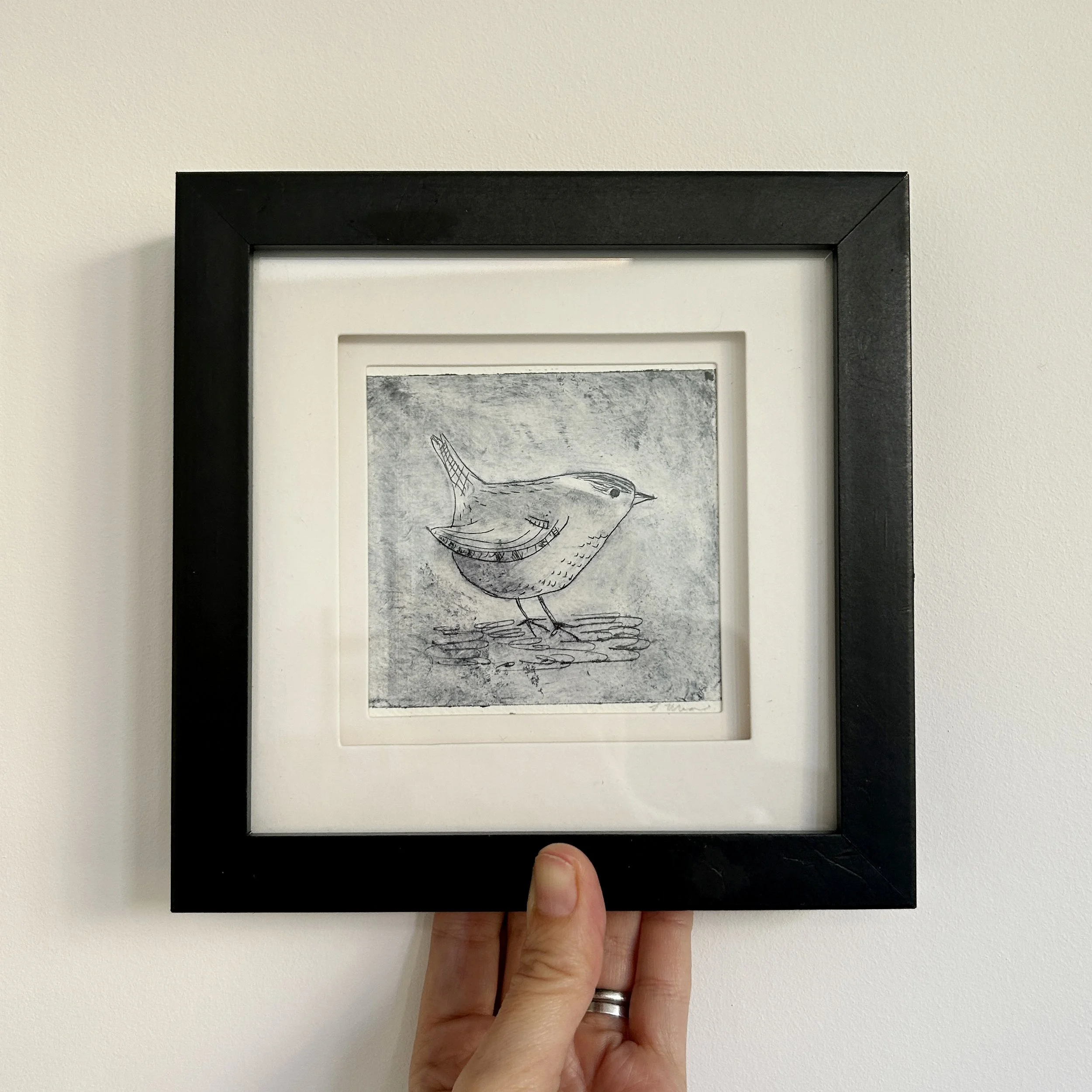 Wren bird, dry point etching, framed