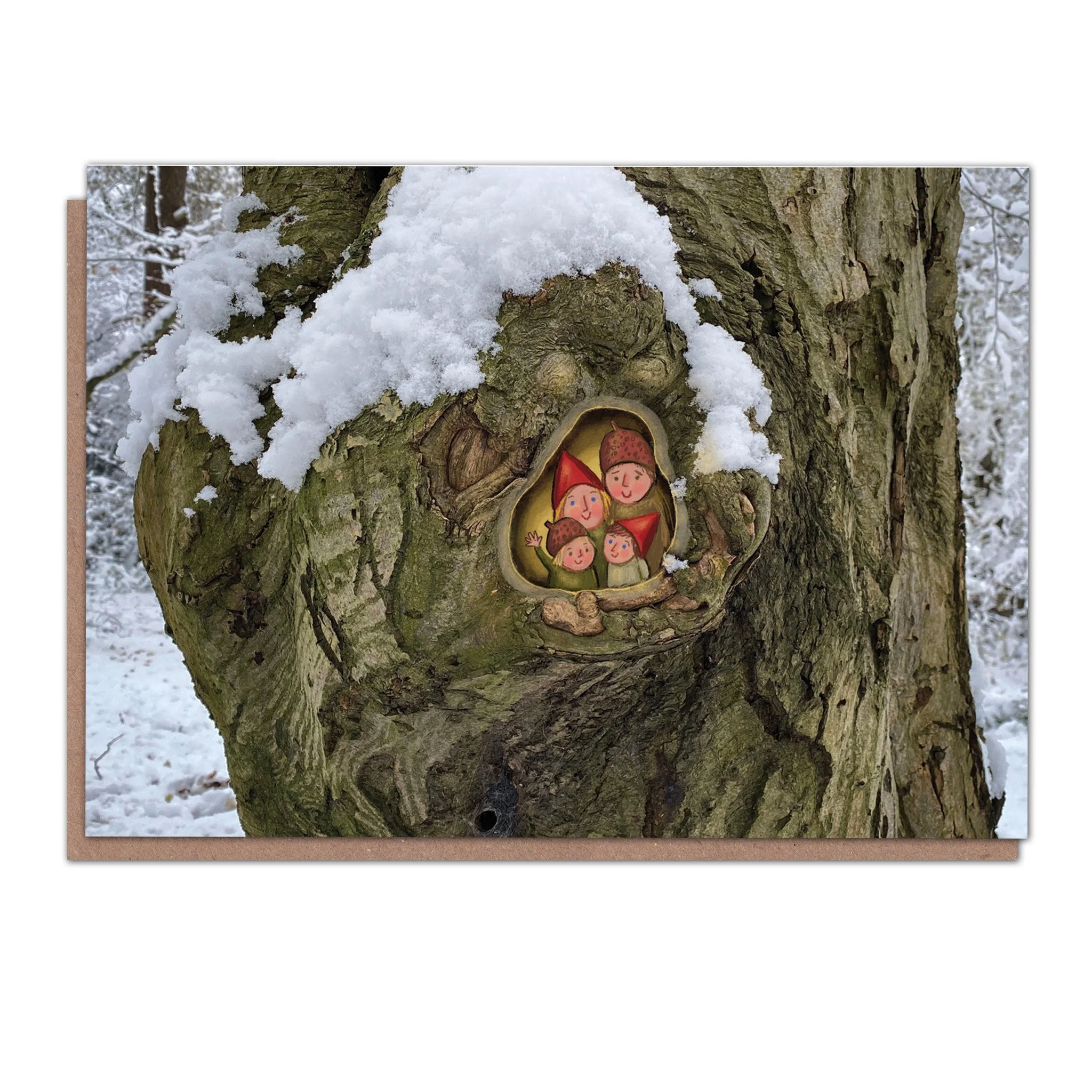 Elf family looking out of hole in a tree. Winter card A6 size