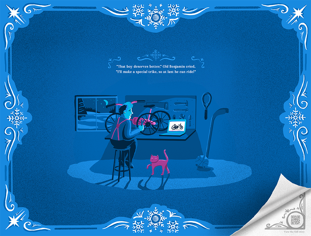 Each wall graphic is a single page from a greater, true holiday story. The scannable component in the bottom right corner activates the full story on the customer's device.