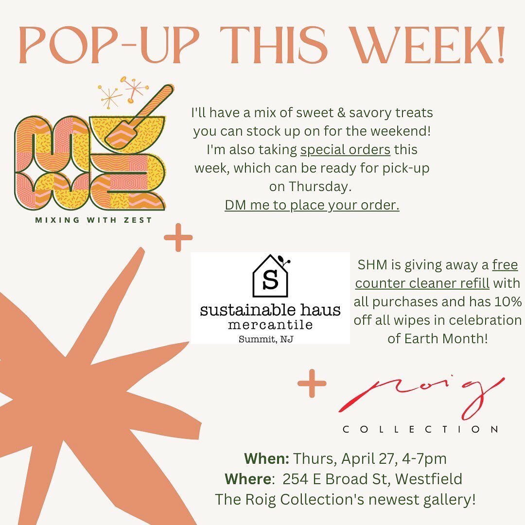 Just a reminder about TOMORROW&rsquo;S pop up event with @sustainablehaus at @roigcollection&rsquo;s new gallery on E Broad in @downtown_westfield! I&rsquo;ll have lots of tasty treats and Sustainable Haus will have tons of eco-friendly goods! Stop b