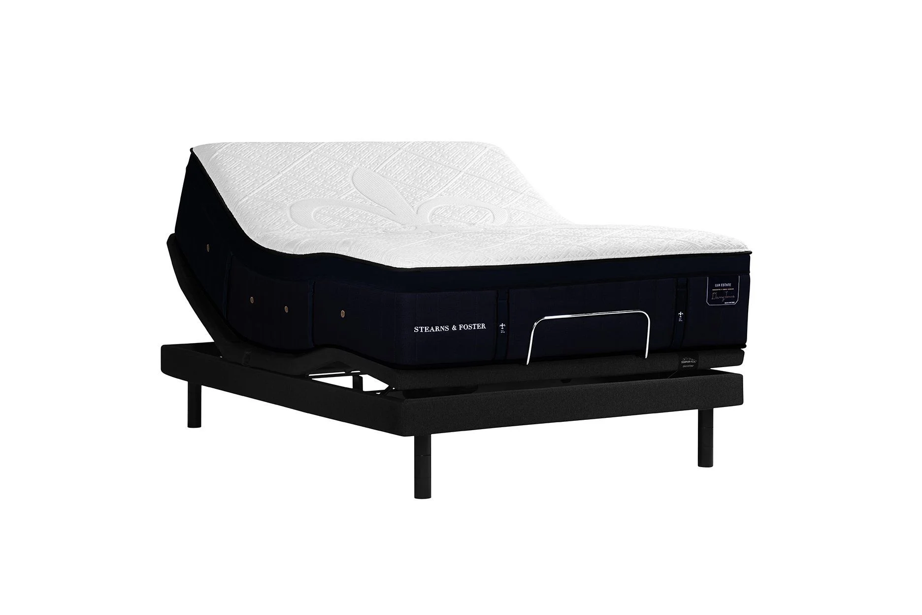 Picture of Stearns and Foster Lux Estate Hybrid Pollock mattress on adjustable head and foot base.