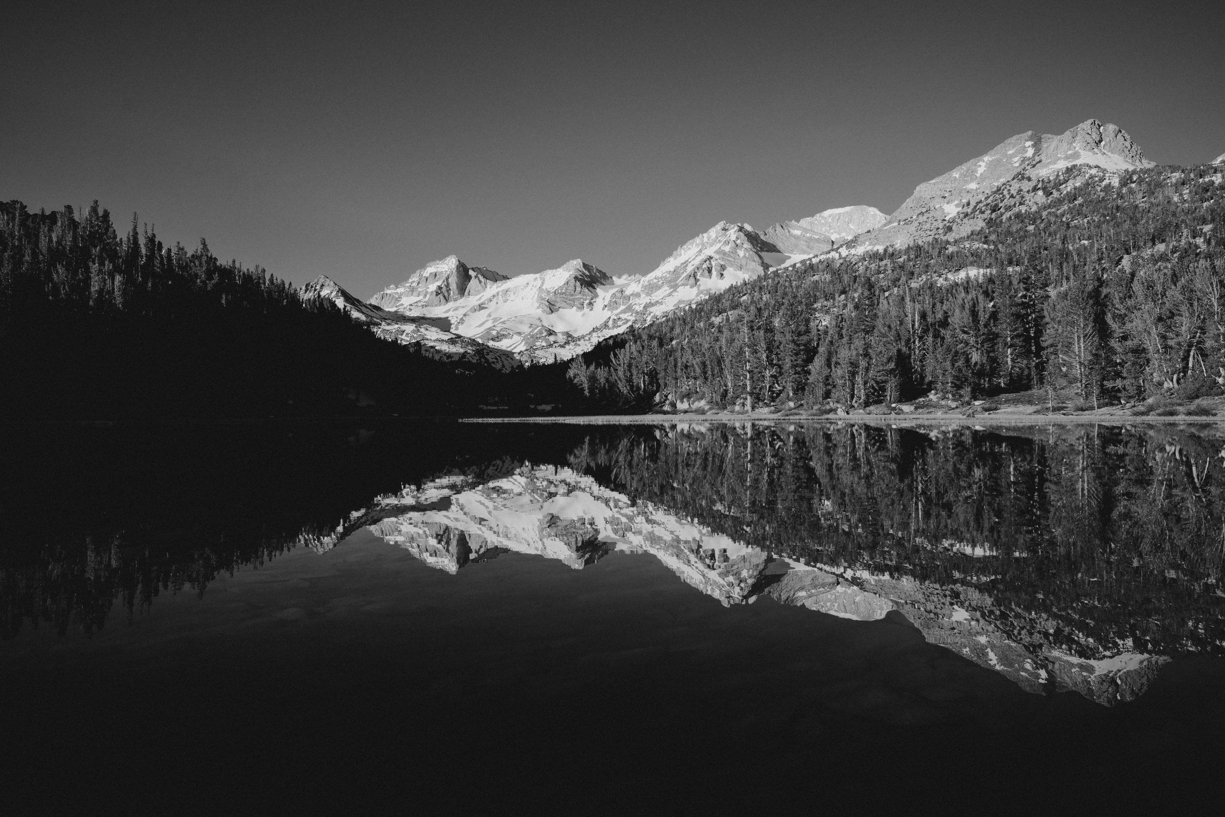 Black and white photo of snow-capped mountains reflected in a calm lake with a forest of tall trees along the shoreline.