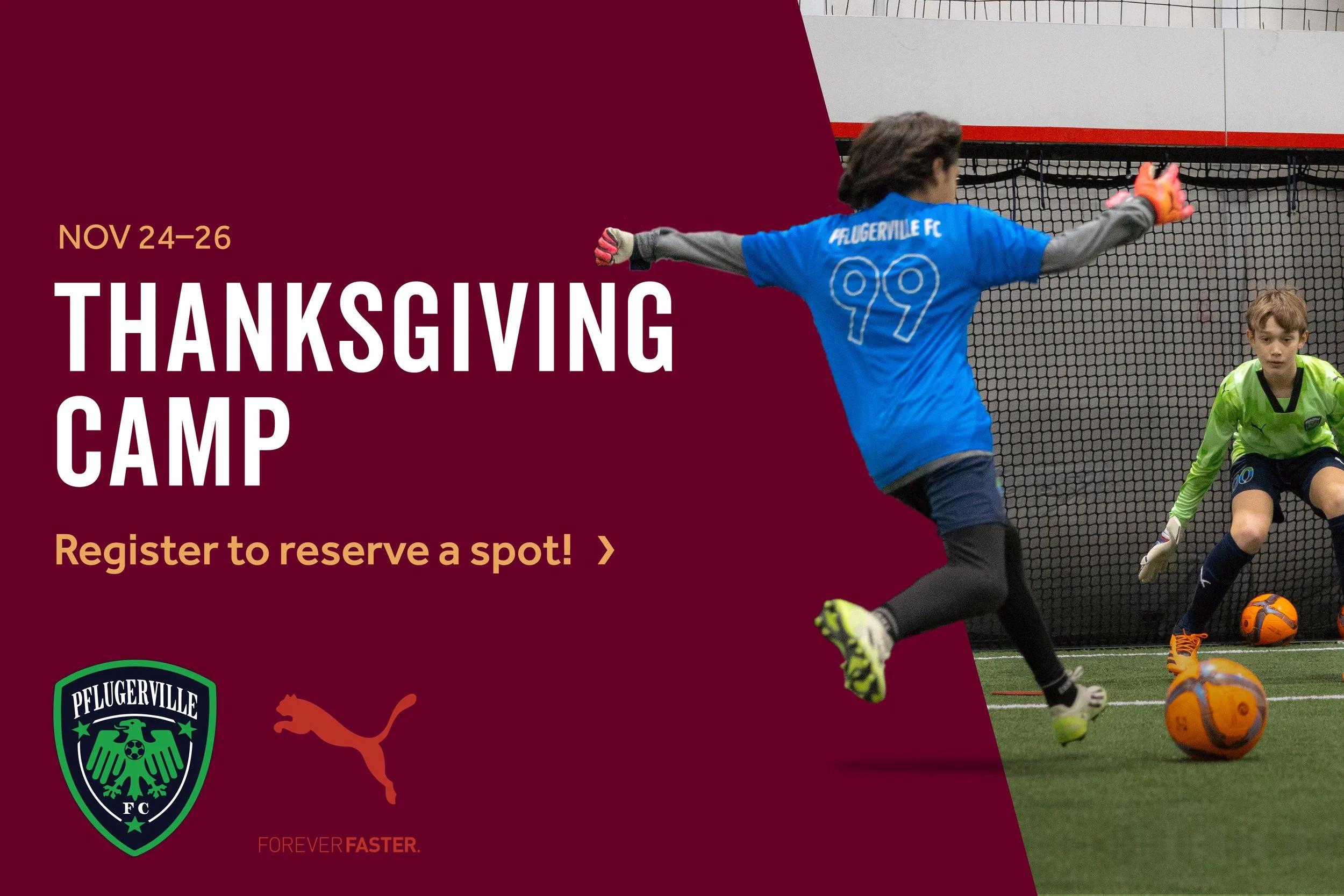 We’re thrilled to invite your child to our 3-Day Thanksgiving Soccer and Goalkeeper Camp! This exciting camp is perfect for young soccer players to sharpen their soccer skills.