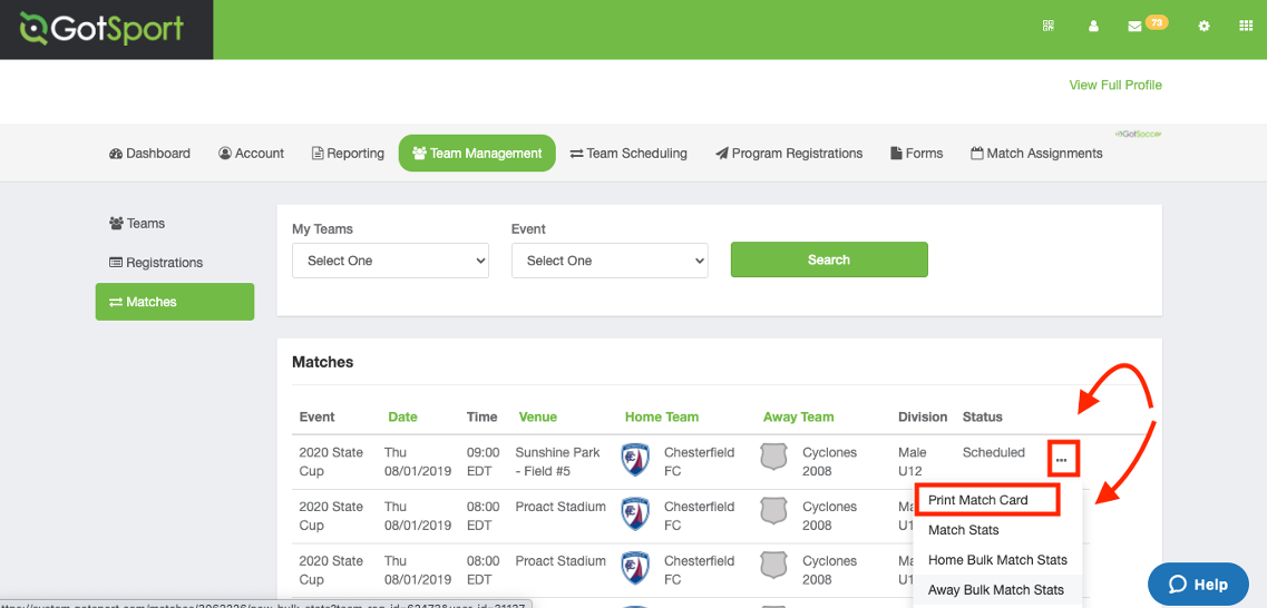 Screenshot of GotSport team management dashboard showing upcoming soccer matches, including date, time, venue, home and away teams, division, and match status, with a menu for printing match cards.