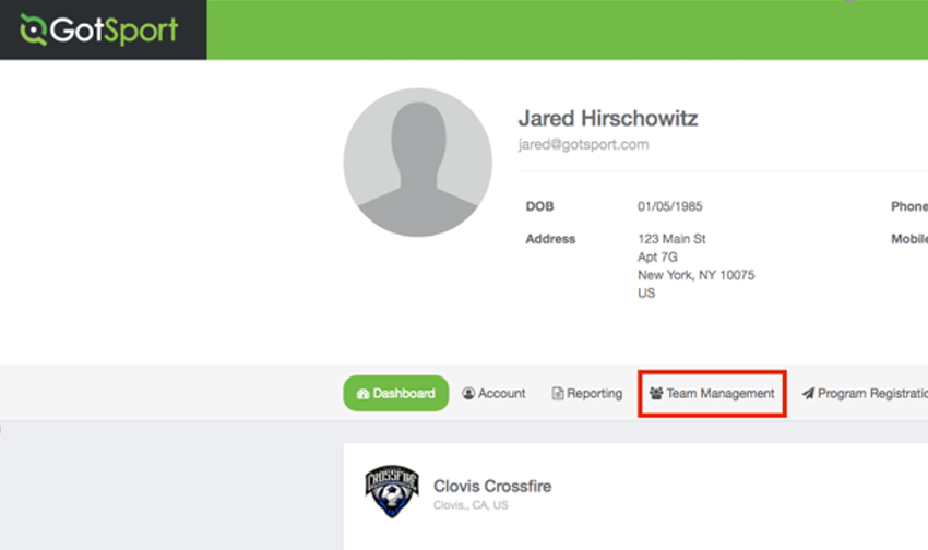 Screenshot of a user profile page for Jared Hirschowitz on GotSport, showing personal details, navigation menu, and a crossfire team