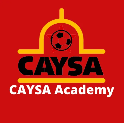Logo of CAYSA Academy with a red background, a yellow arch, a soccer ball, and black and white text.