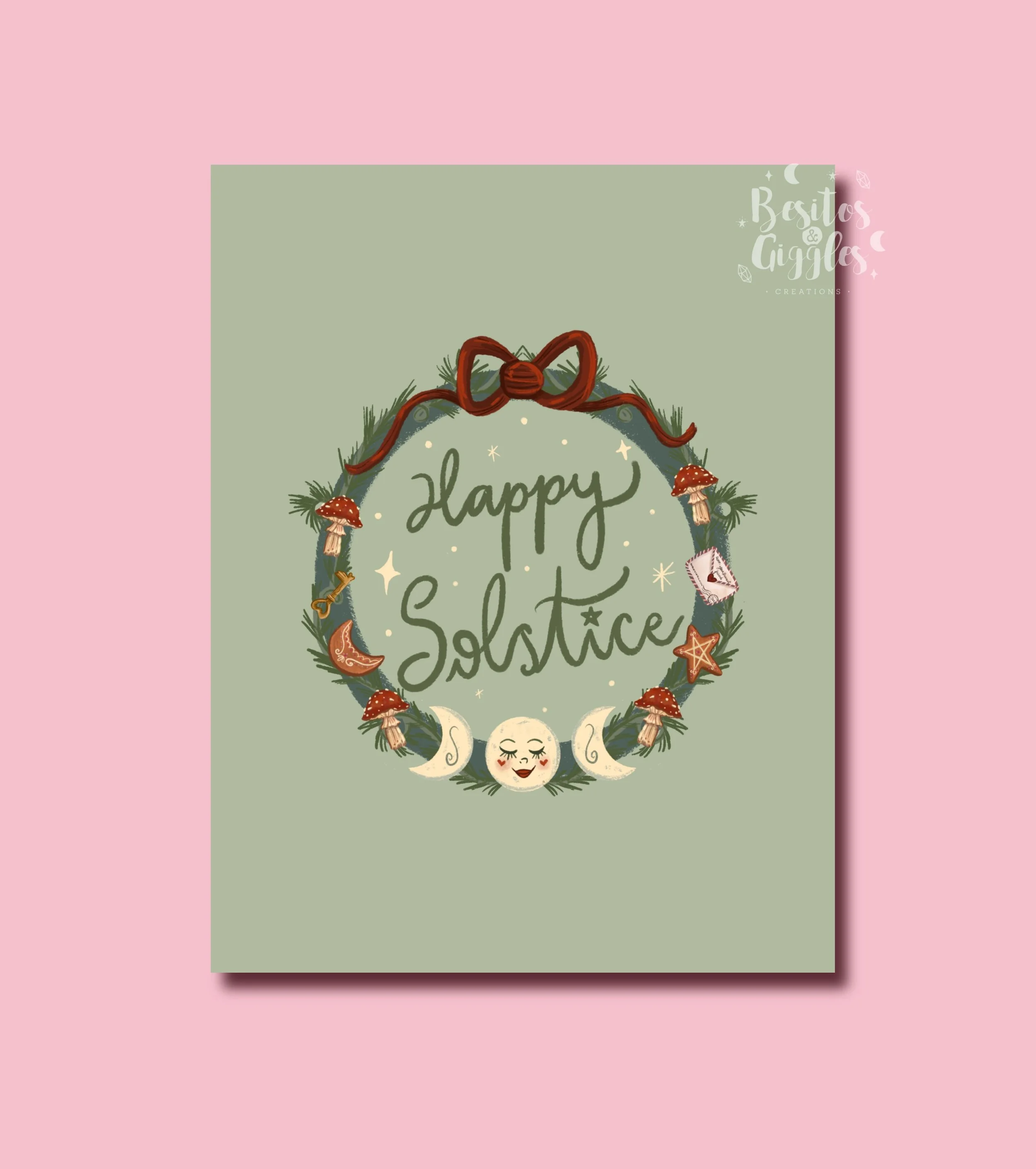 Mint Happy Solstice wreath Print
