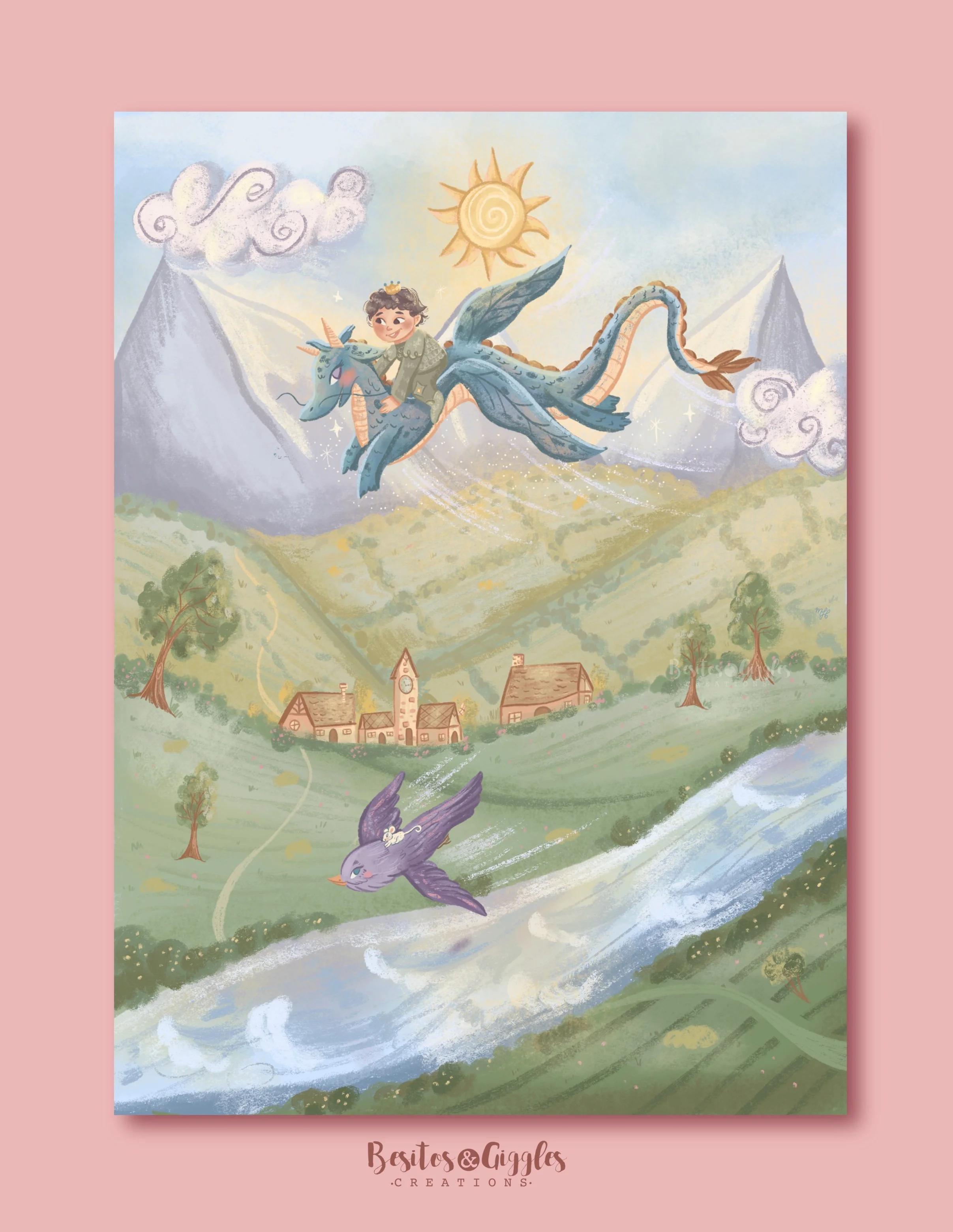 Prince Alan, the dragon, the bird and mouse Print