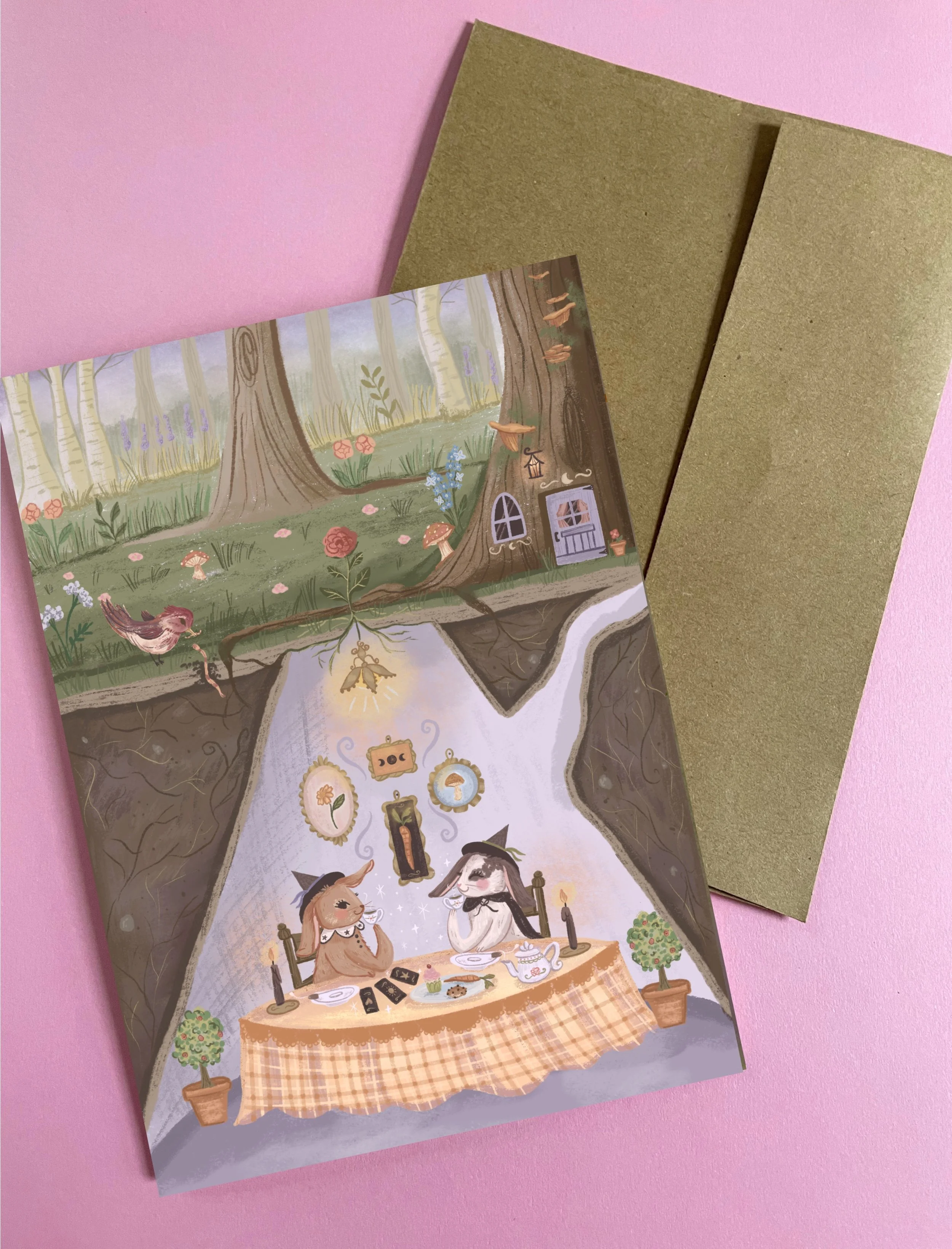 Tea and Tarot witch bunnies greeting card
