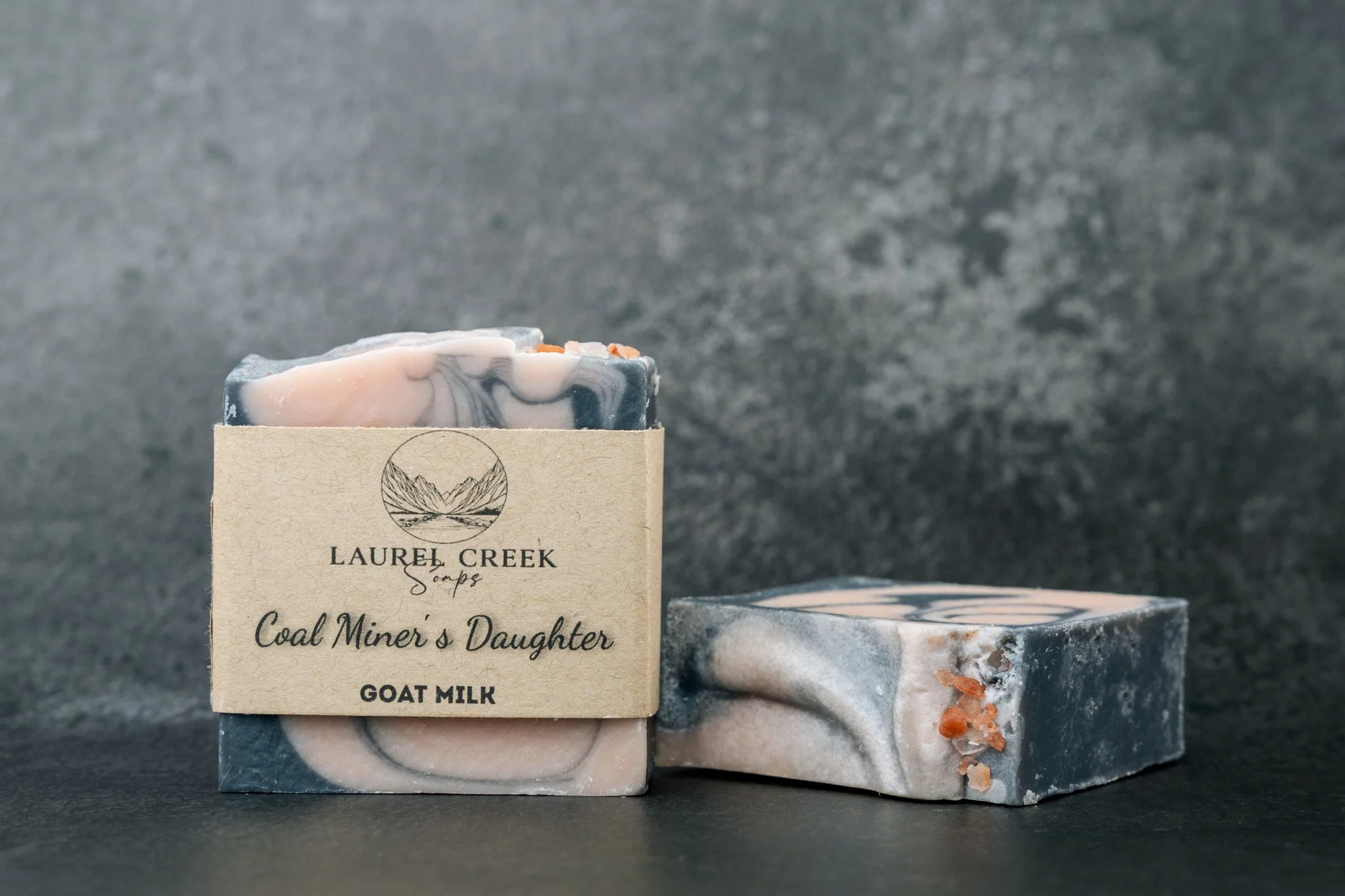 Coal Miner's Daughter goat milk soap with charcoal swirls and pink salt on a dark slate background