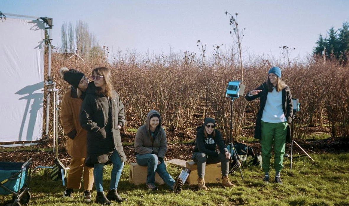 On location, from left to right, Production Assistant Piper Olson, Producer Leah Trangen, Key Grip Kirsten Zeller, Assistant Director Hailey Williams, and Production Designer Stephanie Pieper.