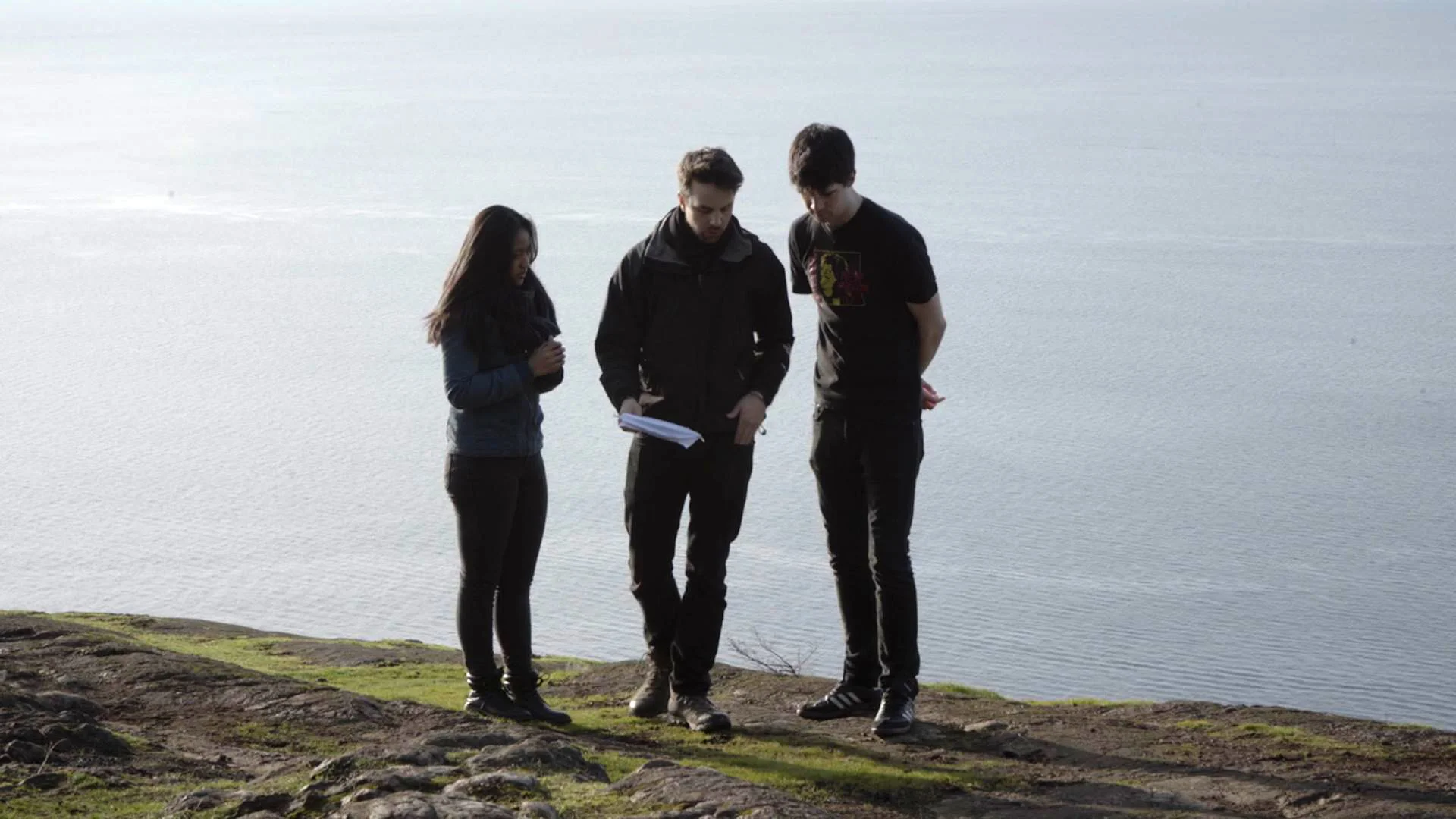 Director Nick Thompson with cast members Rheanna Atendido (Willa) and Keenan Ward (Colin).