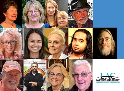 13 portraits of the current Lakewood Arts Co-op members. There is a blue decorate square on the right and lakewood arts gallery logo on the bottom right