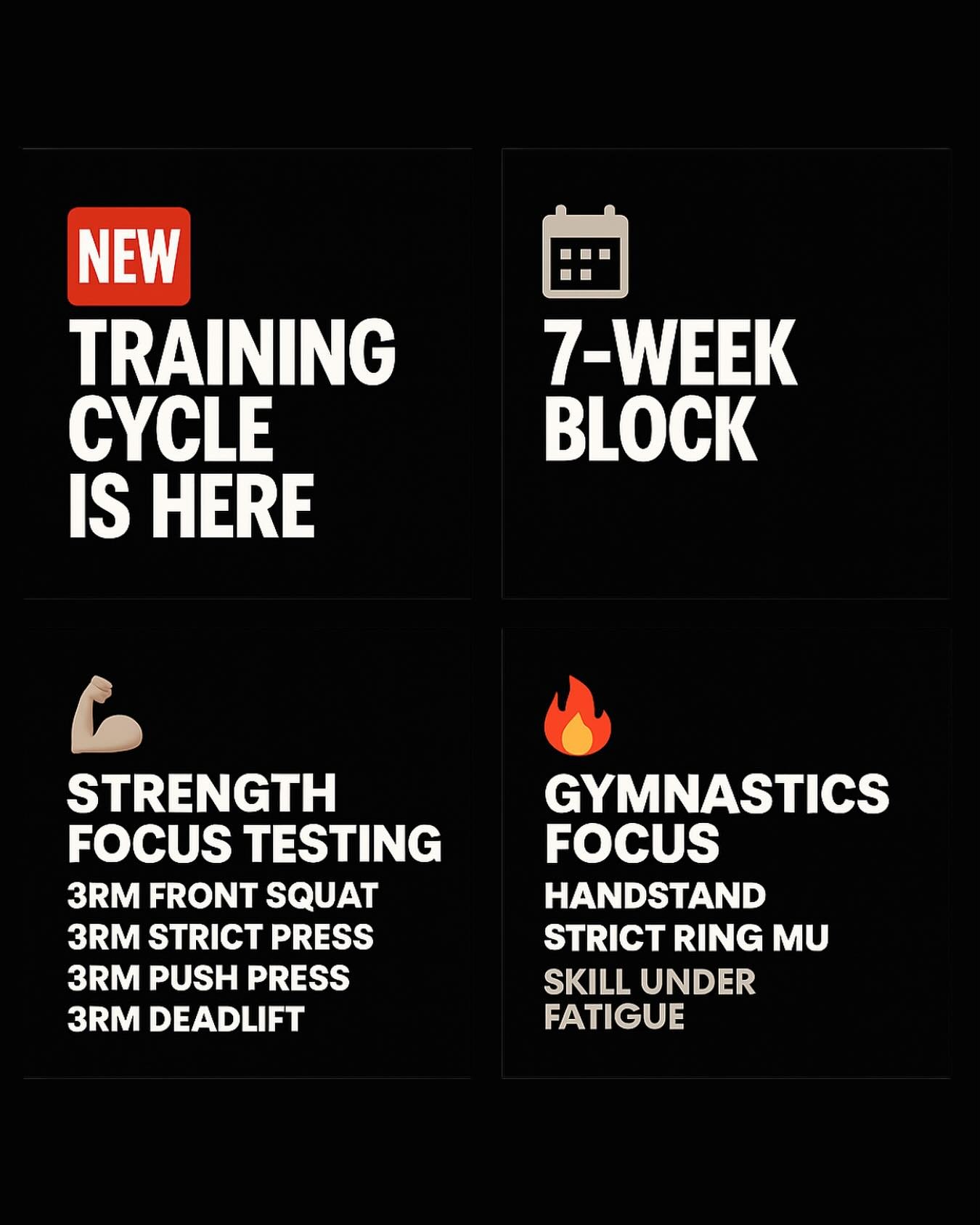 📣 NEW TRAINING CYCLE IS HERE!

Get ready to level up your strength, skill, and strategy over the next 7 weeks.

This cycle is built to push limits, refine technique, and test your progress.

📆 7-WEEK BLOCK

Each week is designed with a clear focus 