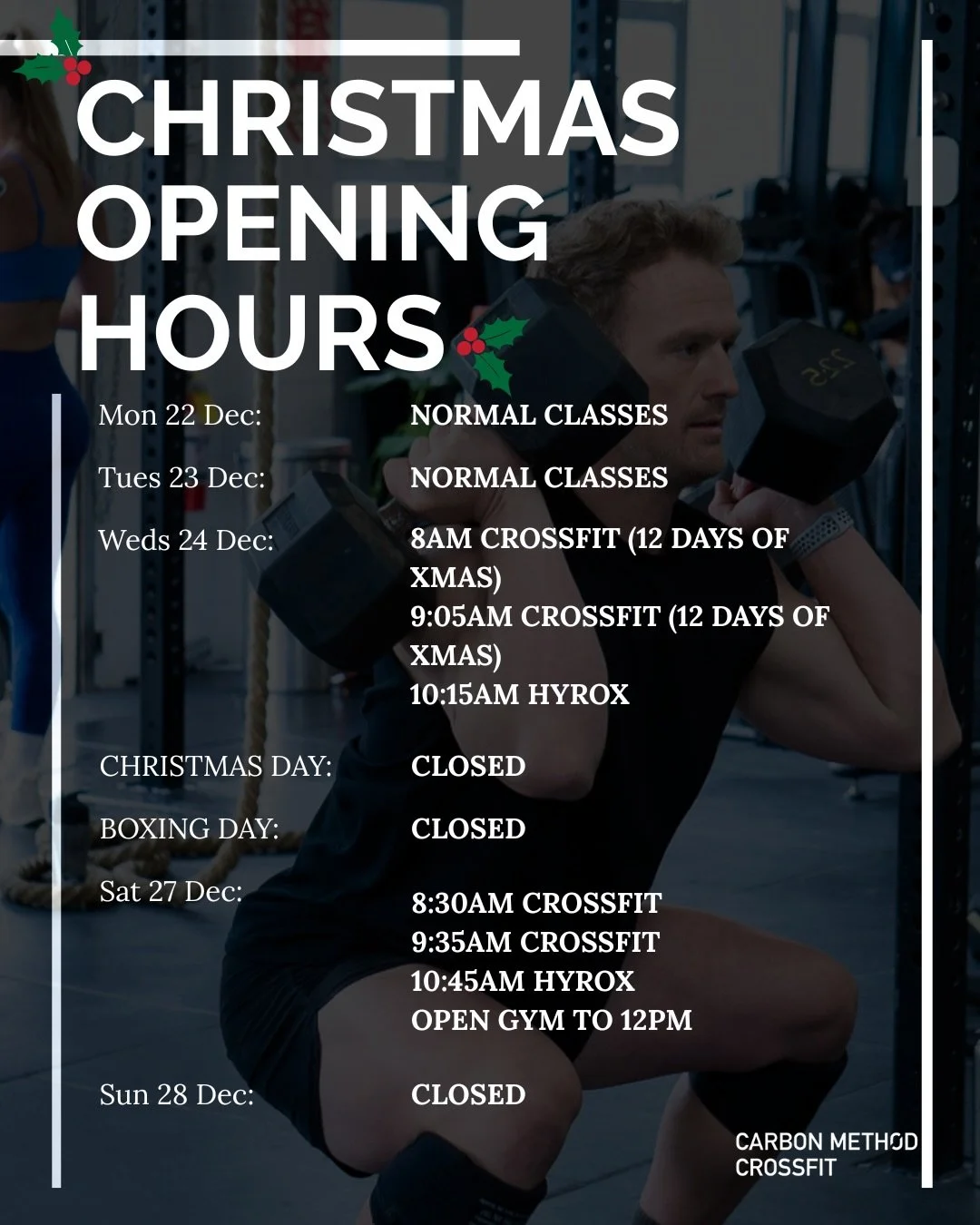 🎄Christmas Hours Are Here!🎄

CrossFit classes, HYROX sessions &amp; Open Gym time to keep you moving through the holidays 💪✨

Visiting Auckland? Drop us a line to accommodate your training! 🎅