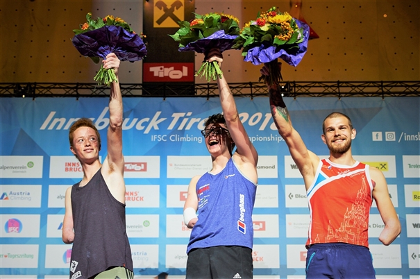 Matthew Phillips takes the gold medal at the IFSC World Championships 2018. Photo: IFSC