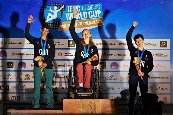 GB athletes take the entire podium at the Paraclimbing World Champs 2019. Photo: IFSC / Sytse van Slooten