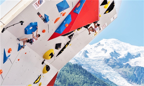 GB Climbing athletes Will Bosi and Molly Thompson-Smith compete in the stunning setting at the IFSC Lead World Cup in Chamonix. Photo: IFSC / Eddie Fowke