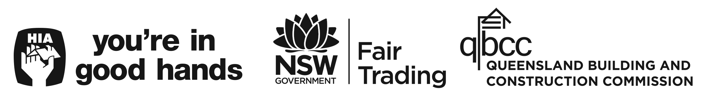Logos for HIA, You’re in good hands, NSW Government Fair Trading, and Queensland Building and Construction Commission