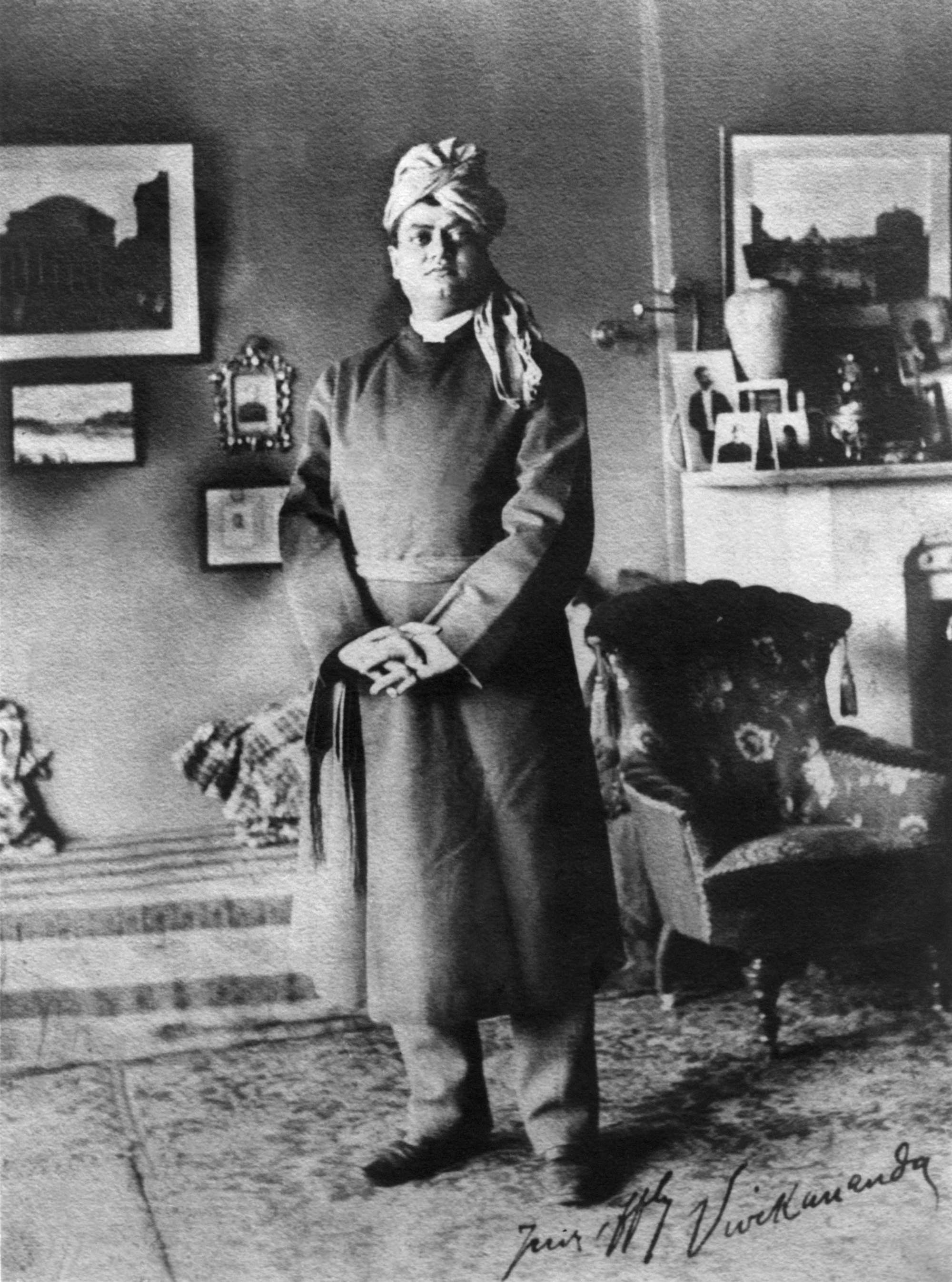 (#13) Chicago, 1893. Possibly in the home of Mr. & Mrs. John B. Lyon, where the organizers of the Parliament of Religions had lodged Swamiji.