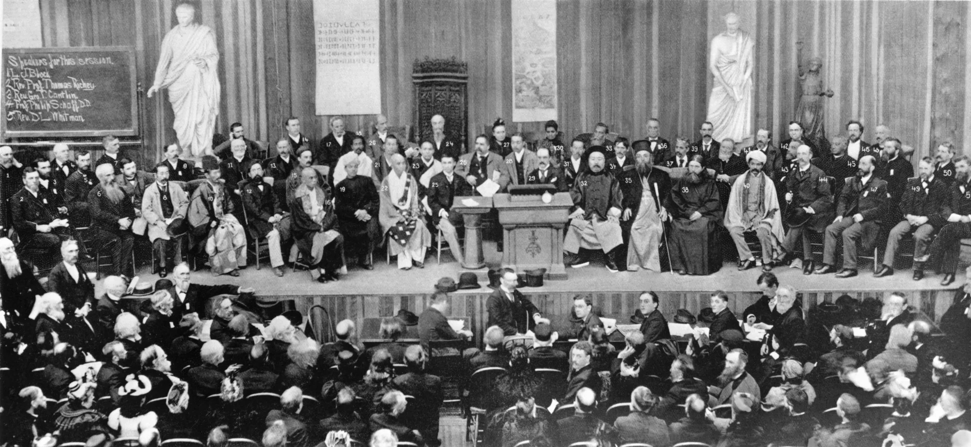 (#18) Chicago, September 21, 1893. The turbaned person in the front row is not Swamiji but Narasimhacharya from Chennai.
