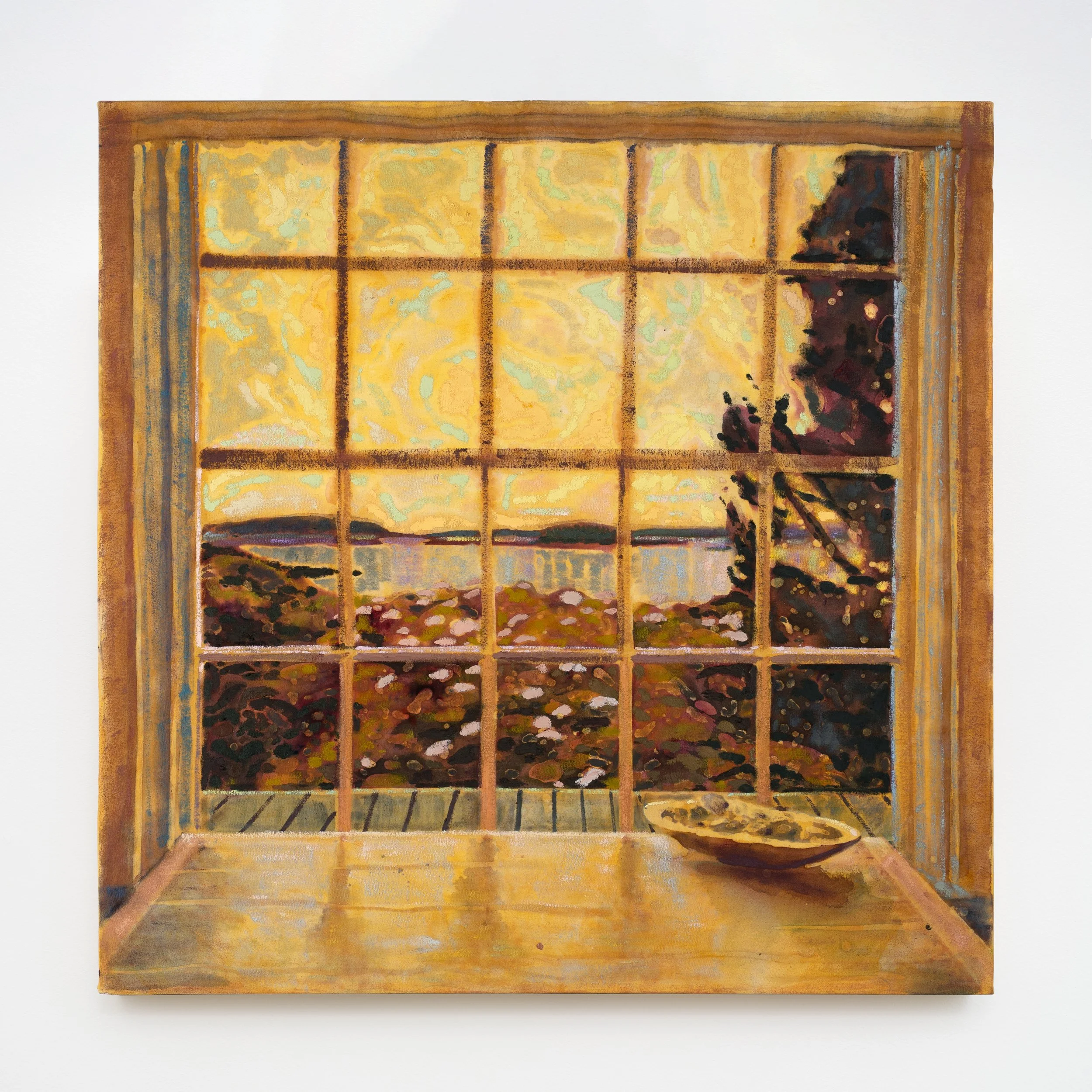 TESSA GREENE O'BRIEN   Addison Window , 2025, 36 x 36”, Oil, bleach, wax resist on dyed canvas.