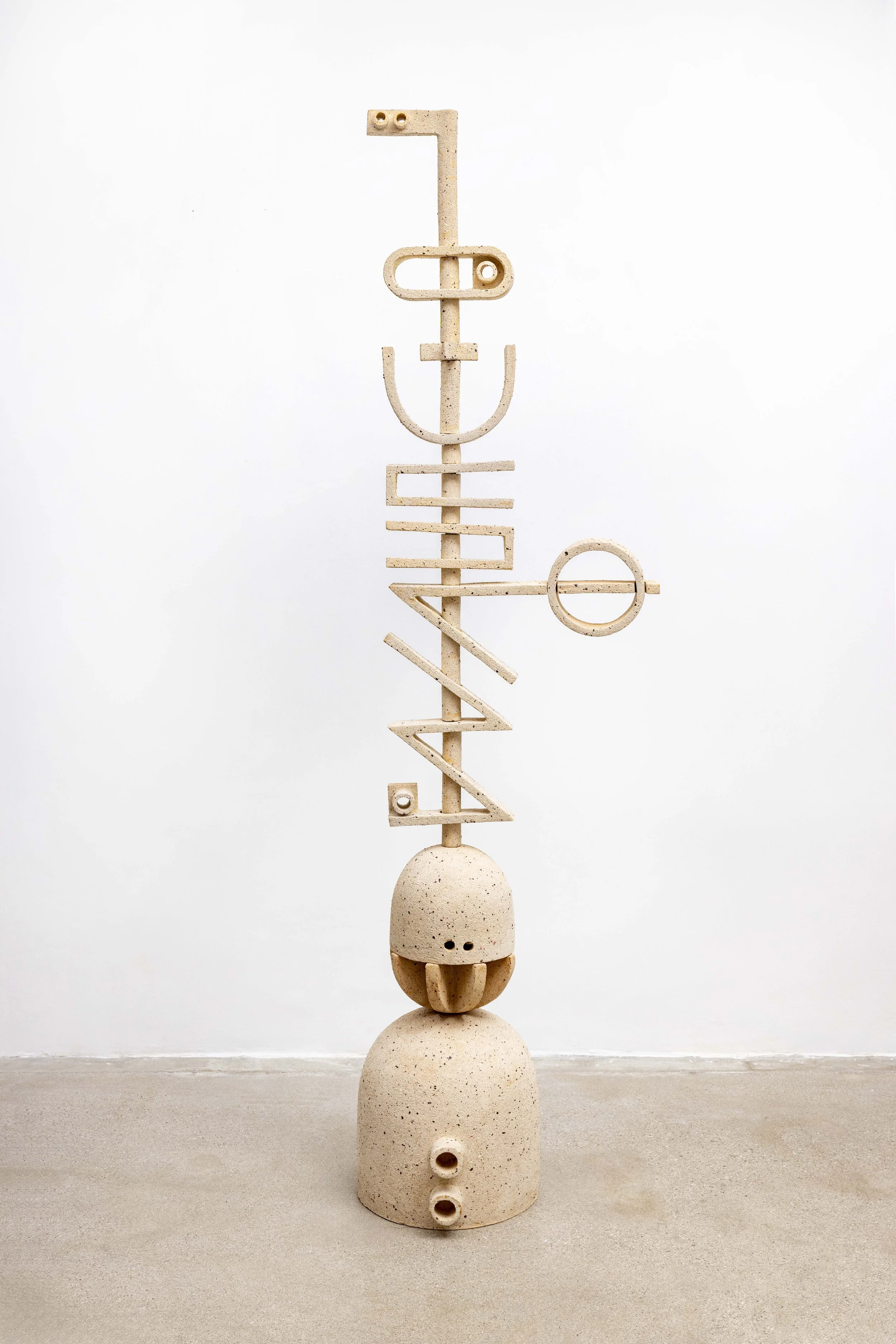  Jude Pauli,  Untitled #64 (Eighteen Part Vertical Construction in&nbsp;White Clay Body) , 2024, Clay, stoneware and steel, 83 × 15 × 21 inches, 210.8 × 38.1 × 53.3 cm 