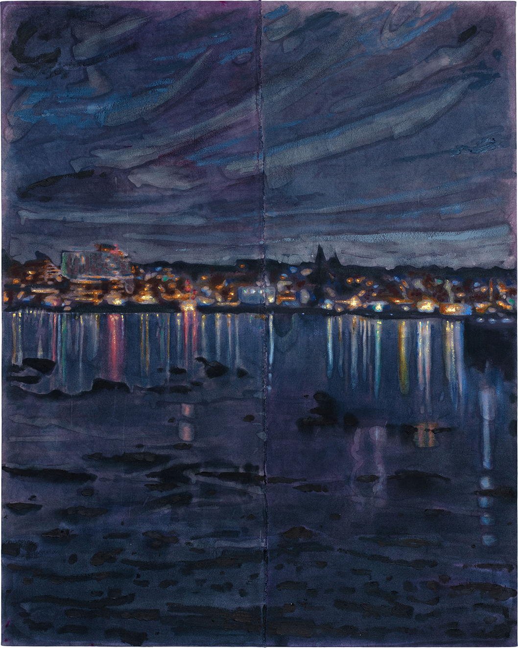  Tessa Greene O'Brien,  Portland Dusk , 2026, Oil, bleach, wax resist on dyed and sewn canvas, 60  ×  48 inches, 152.4  ×  121.9 cm 