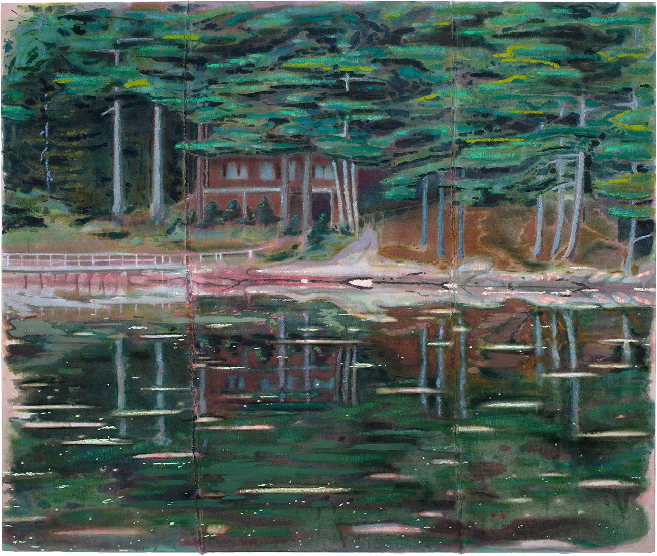  Tessa Greene O'Brien,  Pemaquid Bay , 2026, Oil, bleach, wax resist on dyed and sewn canvas, 60  ×  72 inches, 152.4  ×  182.9 cm 