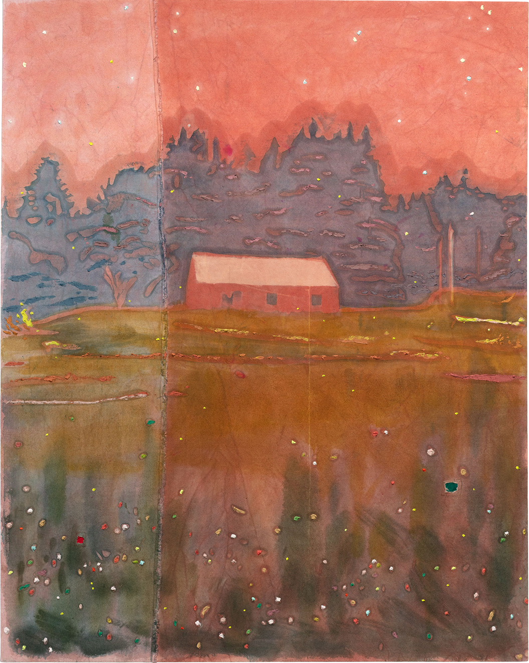  Tessa Greene O'Brien,  Stars, Flowers, Fireflies (Lubec) , 2026, Oil, bleach, wax resist on dyed and sewn canvas, 60  ×  48 inches, 152.4  ×  121.9 cm 