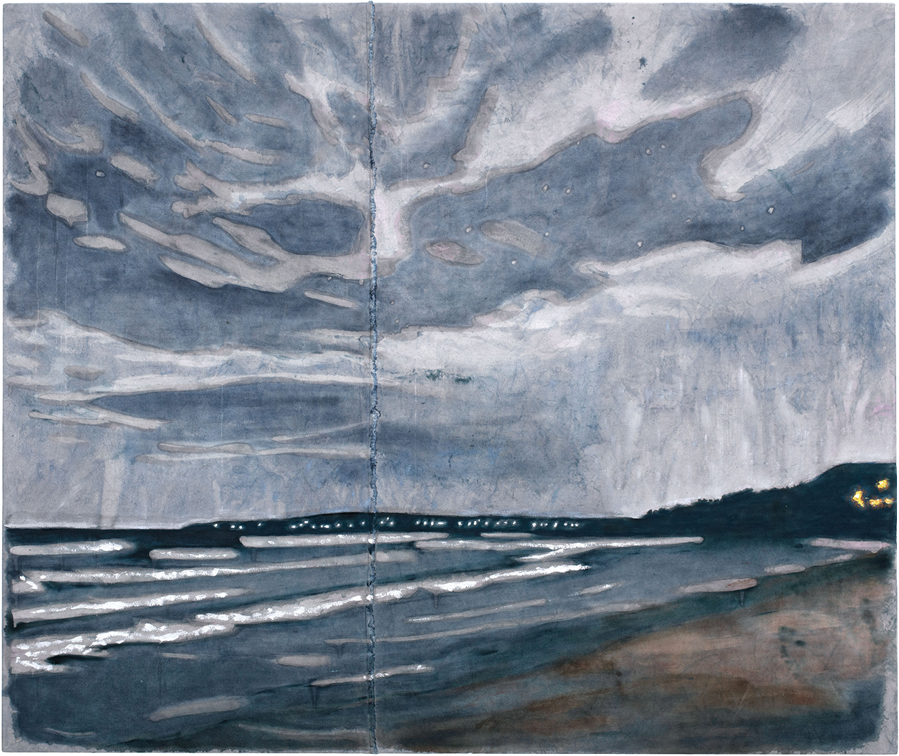  Tessa Greene O'Brien,  Sturgeon Moon Sets, Higgins Beach , 2026, Oil, bleach, wax resist on dyed and sewn canvas, 60  ×  72 inches, 152.4  ×  182.9 cm 