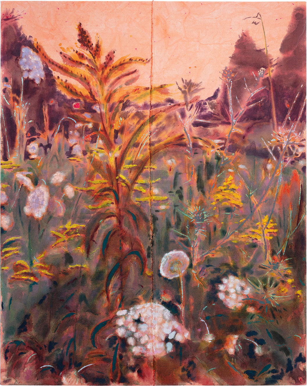  Tessa Greene O'Brien,  Tinderhearth , 2026, Oil, bleach, wax resist on dyed and sewn canvas, 60  ×  48 inches, 152.4  ×  121.9 cm 