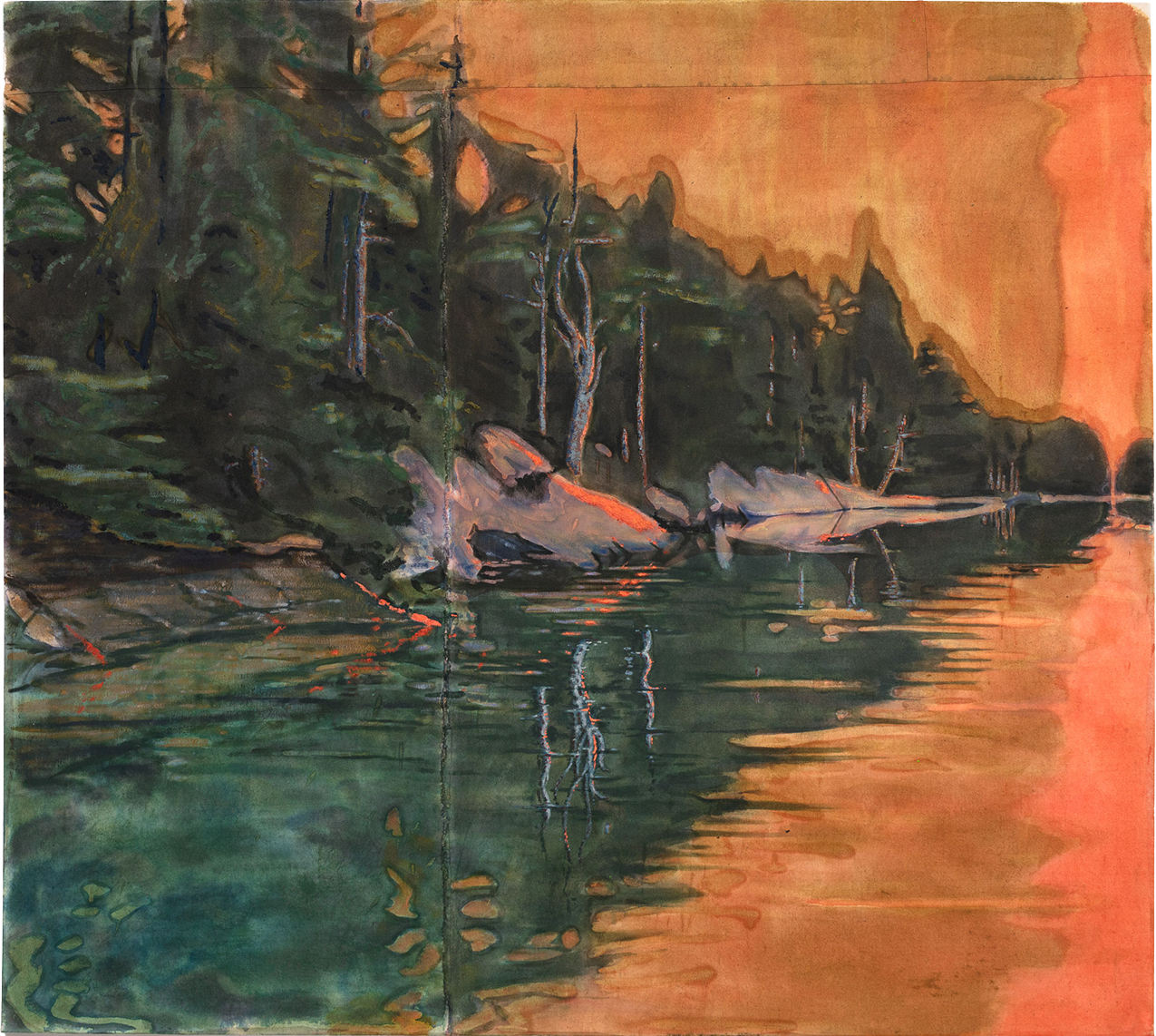  Tessa Greene O'Brien,  Tracy Shore Preserve , 2026, Oil, bleach, wax resist on dyed and sewn canvas, 72  ×  80 inches, 182.9  ×  203.2 cm 