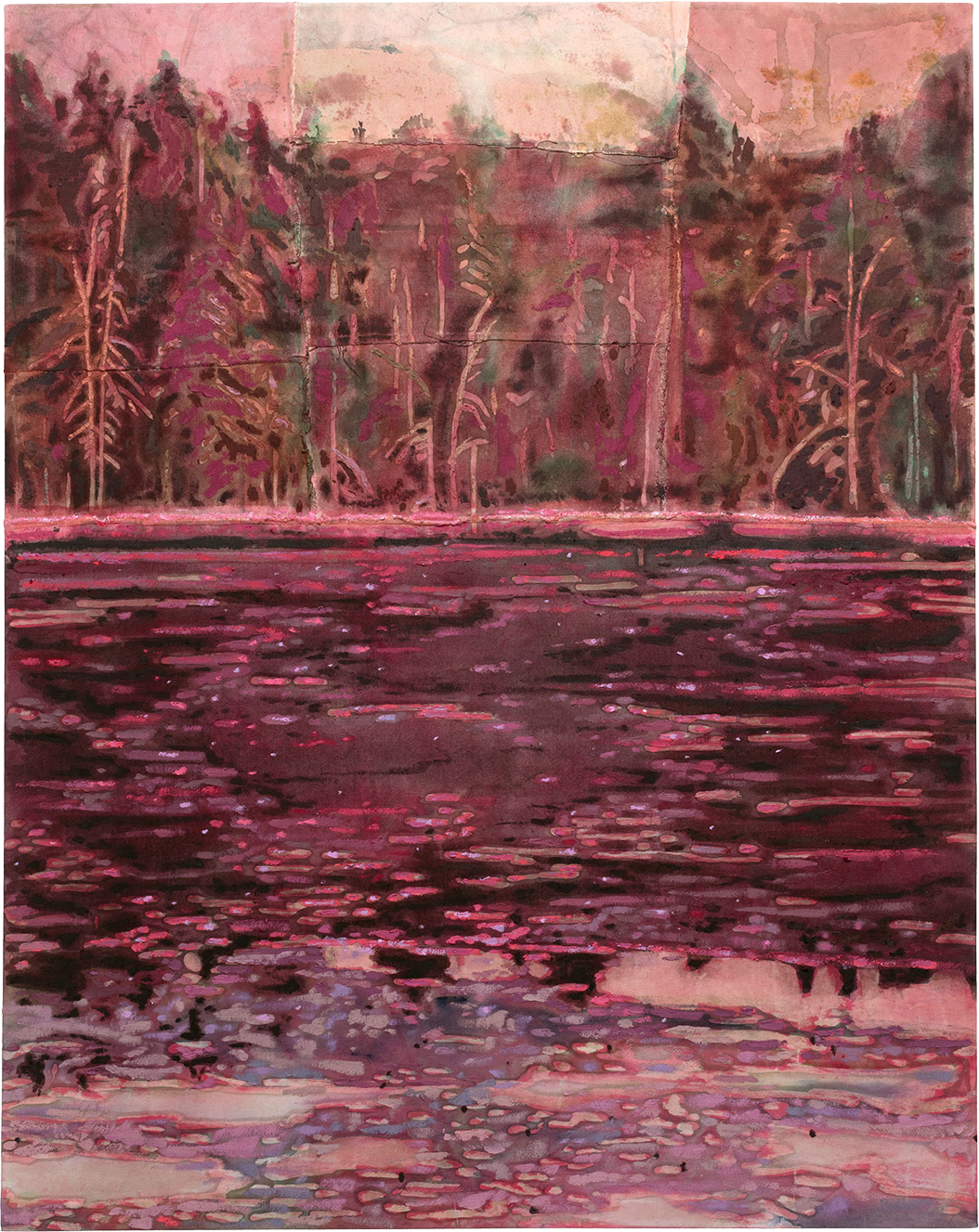  Tessa Greene O'Brien,  Lily Pond, Stonington , 2026, Oil, bleach, wax resist on dyed and sewn canvas, 60  ×  48 inches, 152.4  ×  121.9 cm 